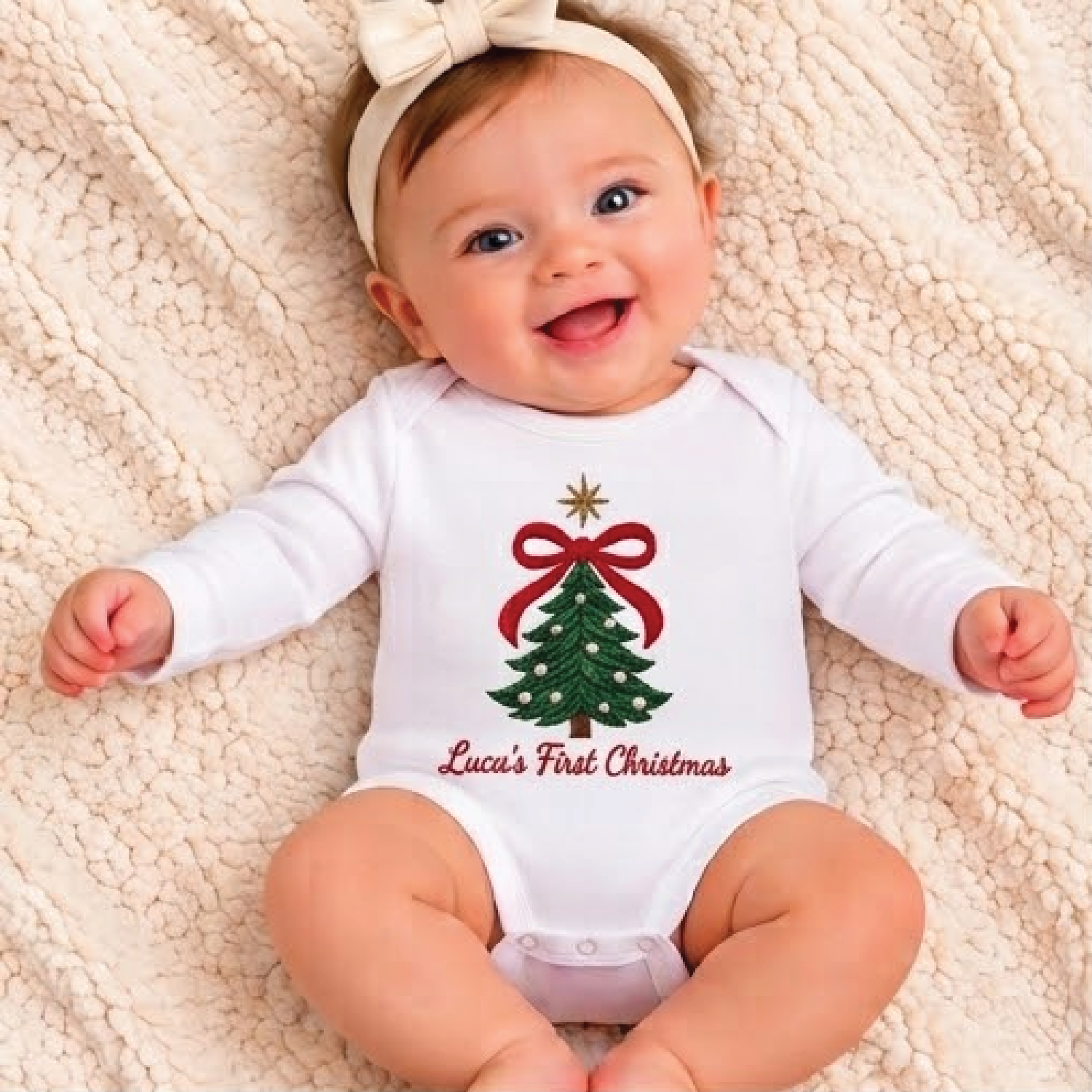 personalized christmas tree baby bodysuit, custom name first christmas romper, festive bow newborn holiday outfit