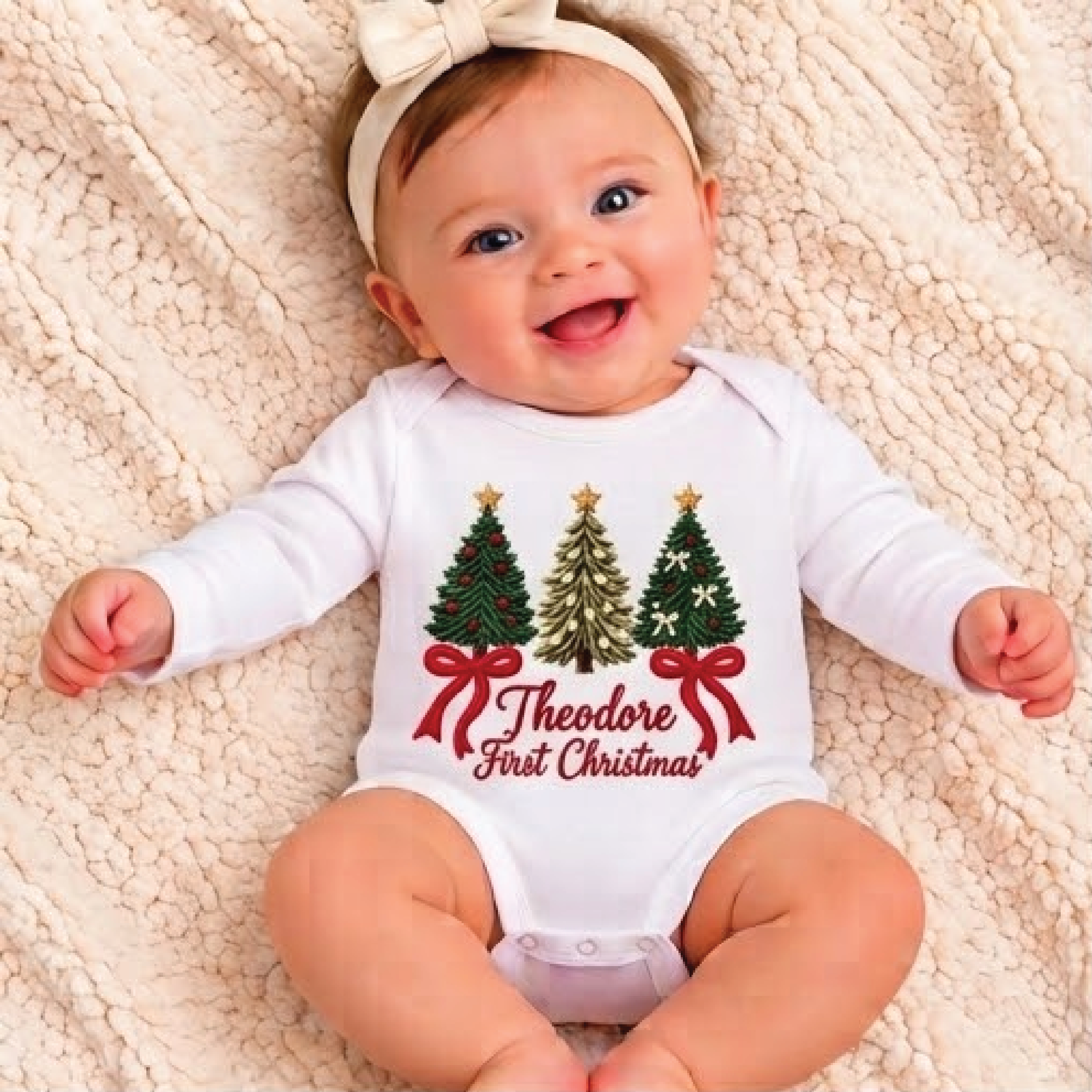 personalized triple christmas tree baby bodysuit, custom name first christmas romper, festive bow newborn holiday outfit