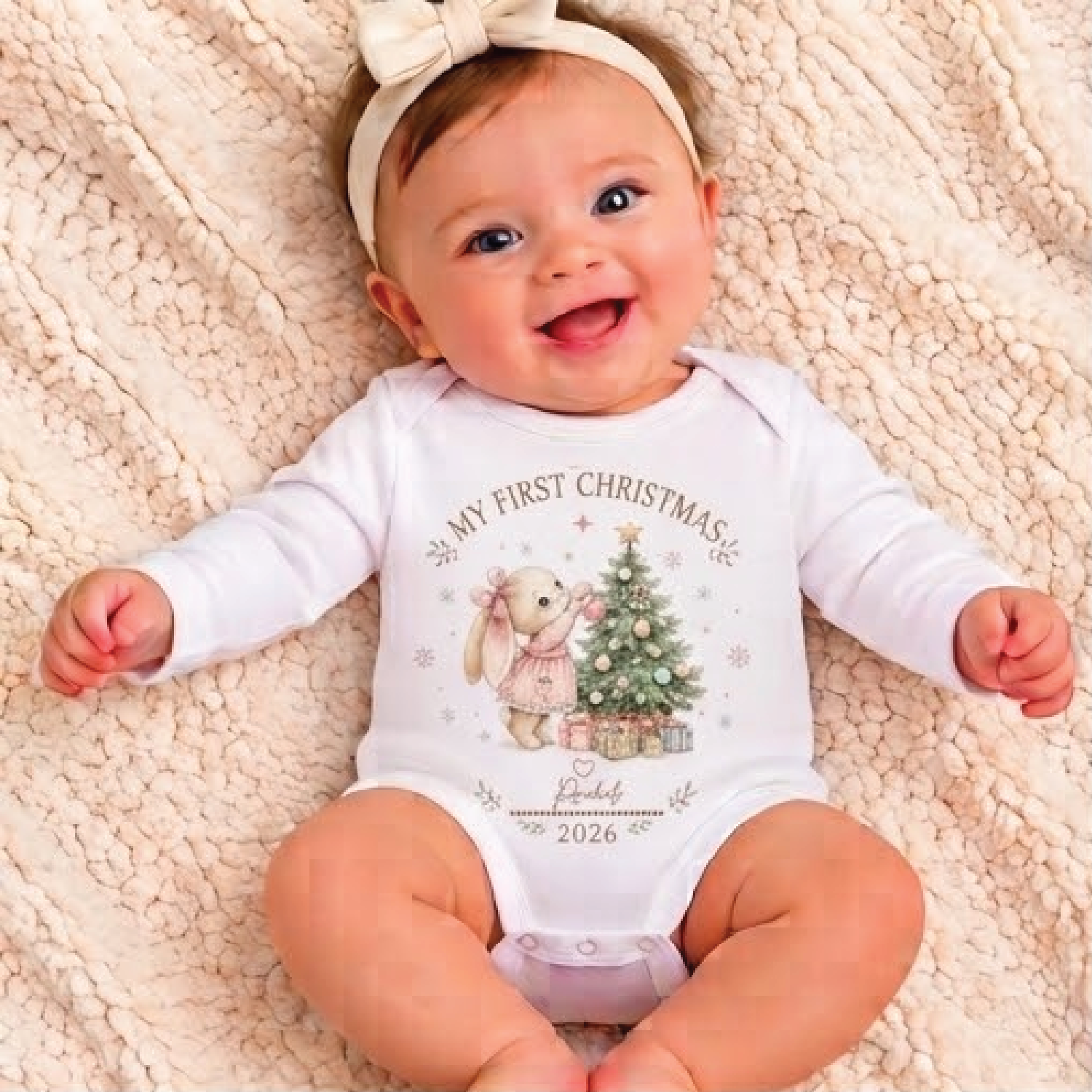 personalized my first christmas bunny baby bodysuit, custom name 2026 christmas romper, cute rabbit holiday newborn gift