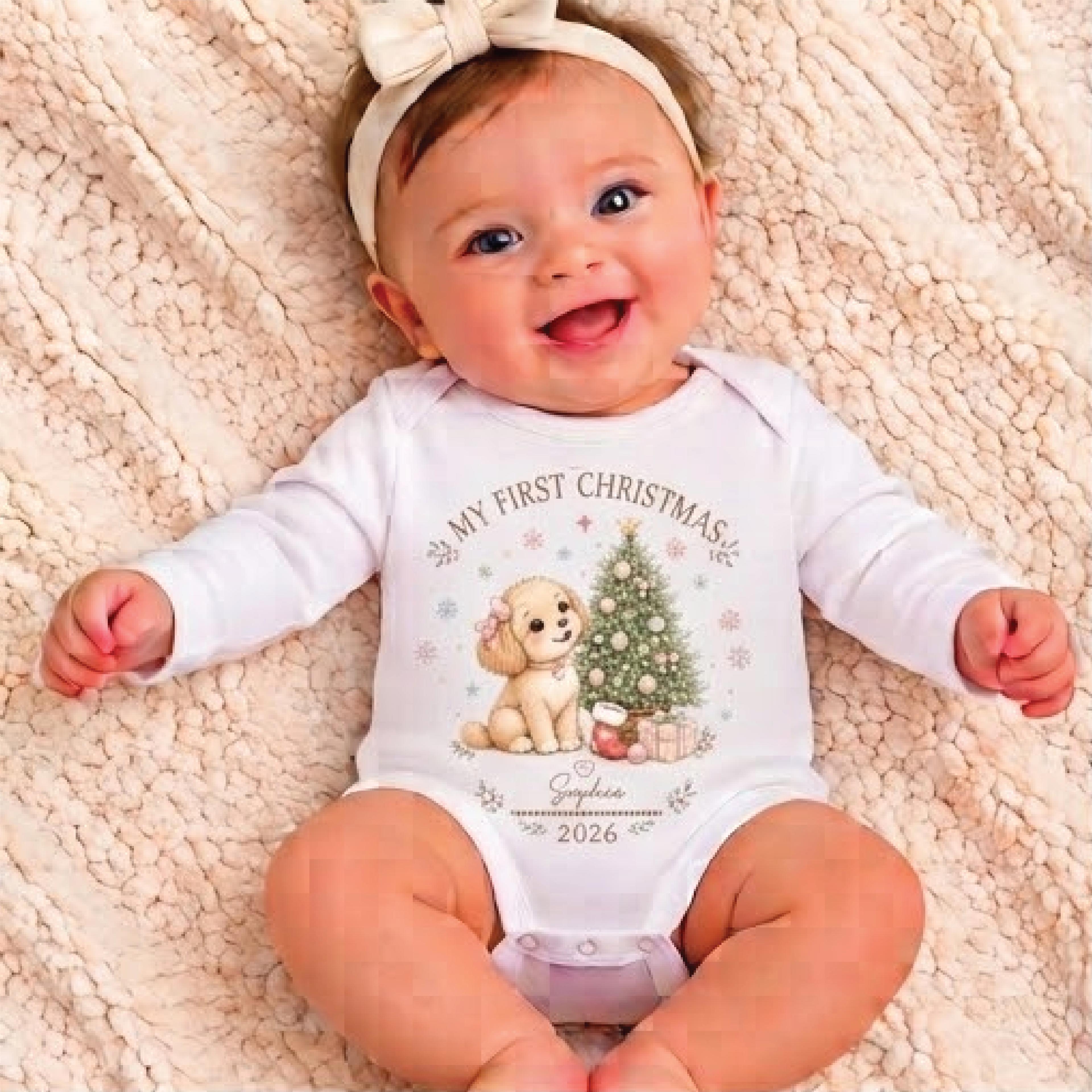 personalized puppy first christmas baby bodysuit, custom name 2026 holiday romper, cute dog christmas tree newborn gift