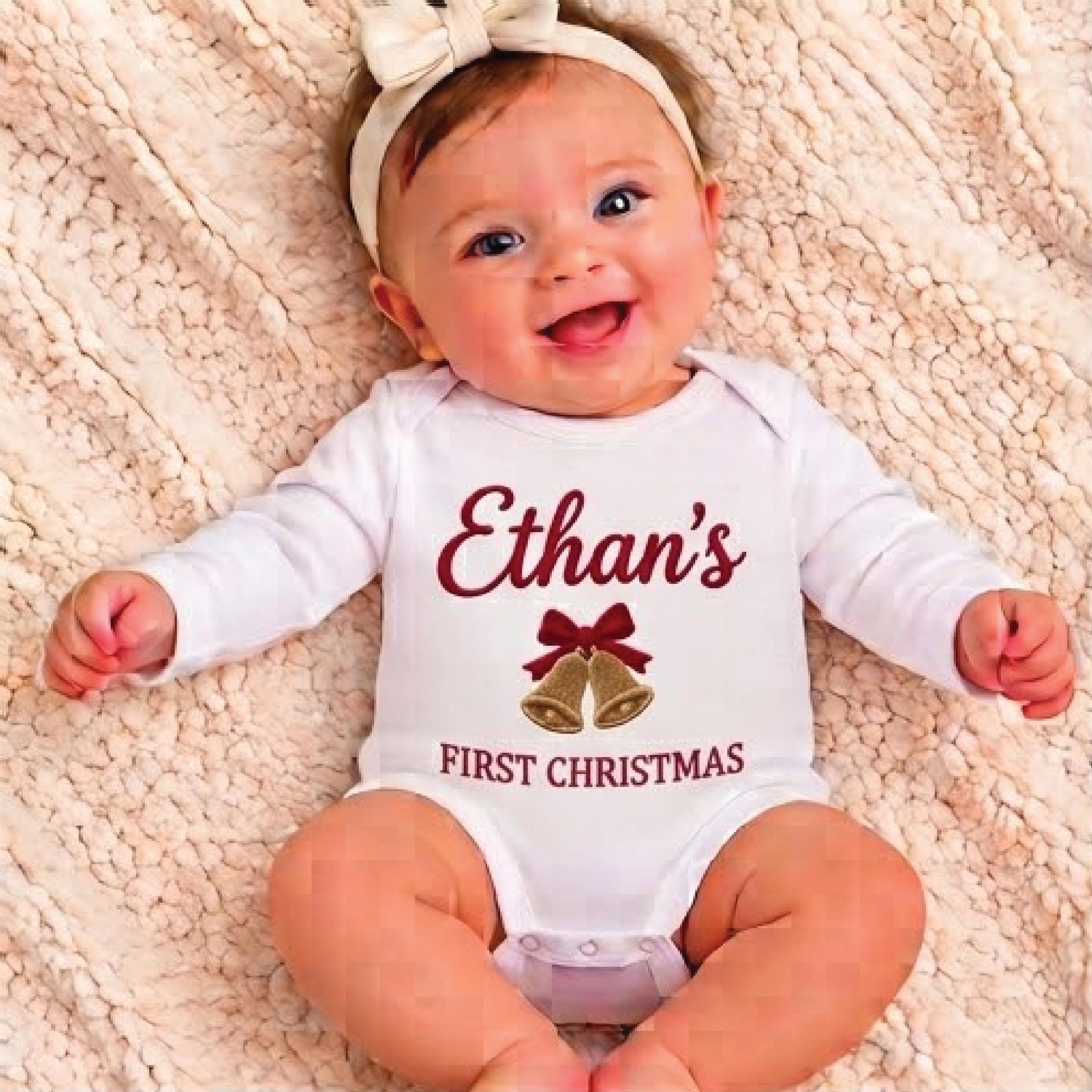 personalized baby first christmas bodysuit, custom name christmas bells romper, festive newborn holiday outfit, xmas