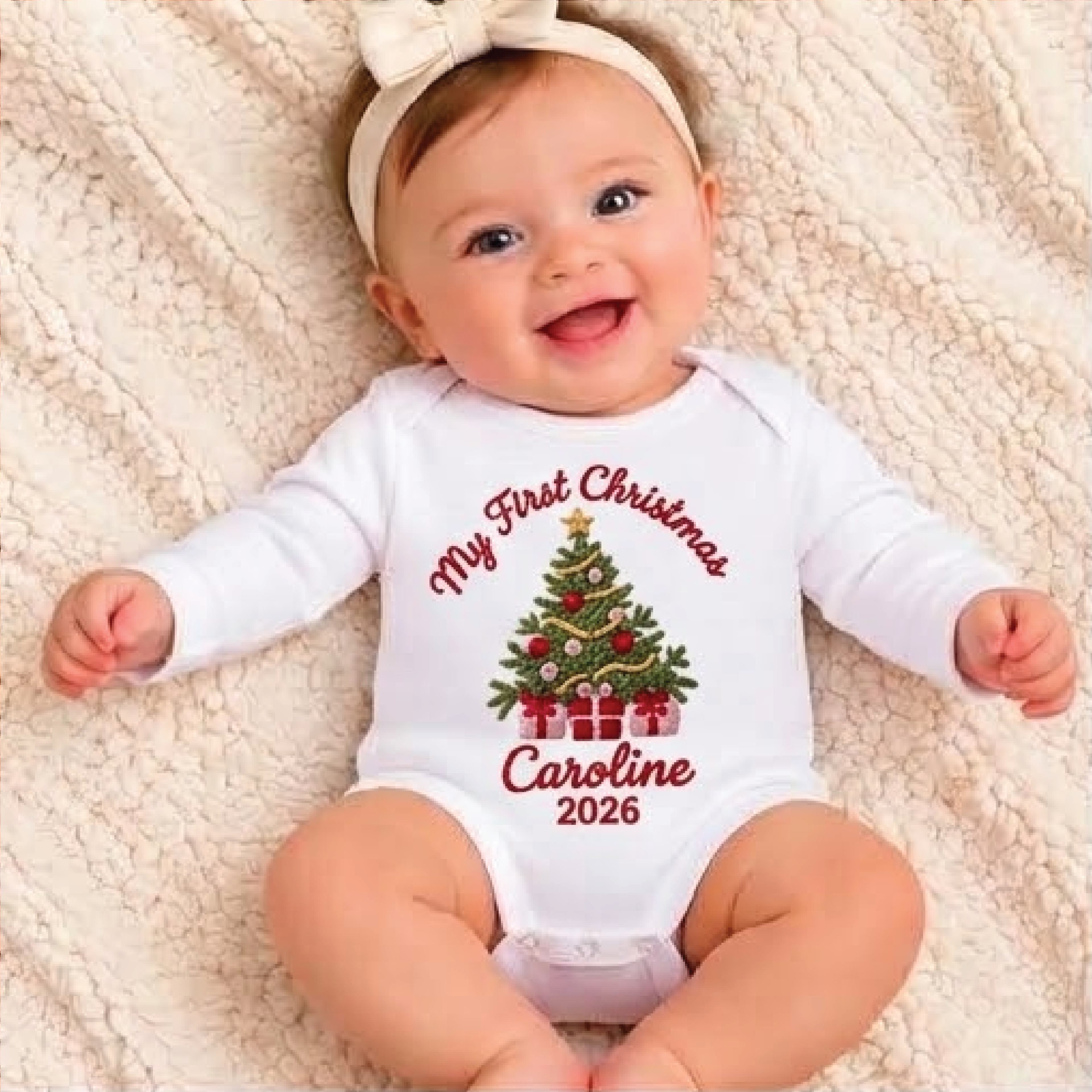 personalized baby first christmas bodysuit, custom name christmas tree romper, first xmas 2026 newborn outfit, holiday