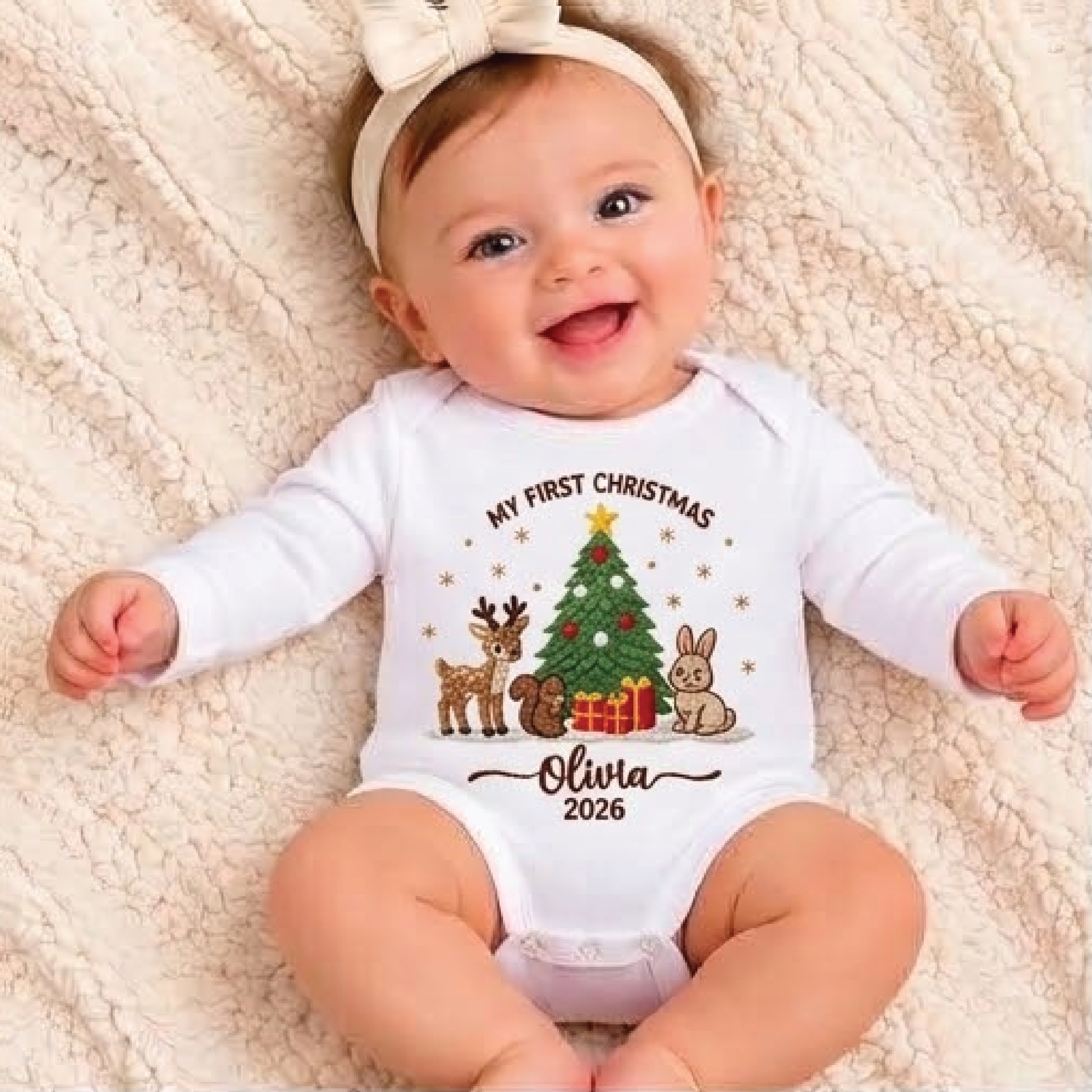personalized baby first christmas 2026 bodysuit, custom name woodland animals christmas tree romper, unisex newborn