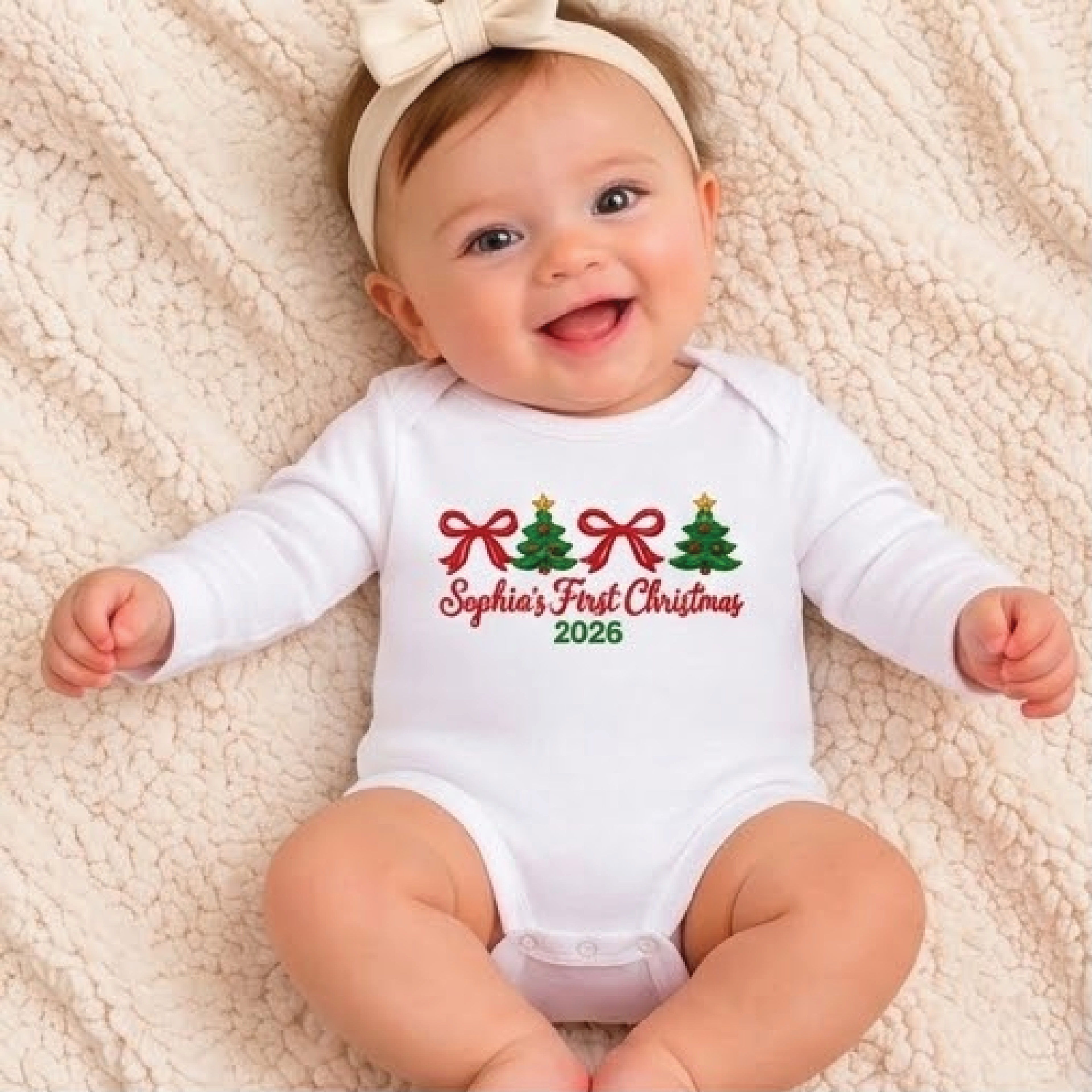 personalized baby first christmas 2026 bodysuit, custom name christmas tree and bow romper, unisex newborn holiday