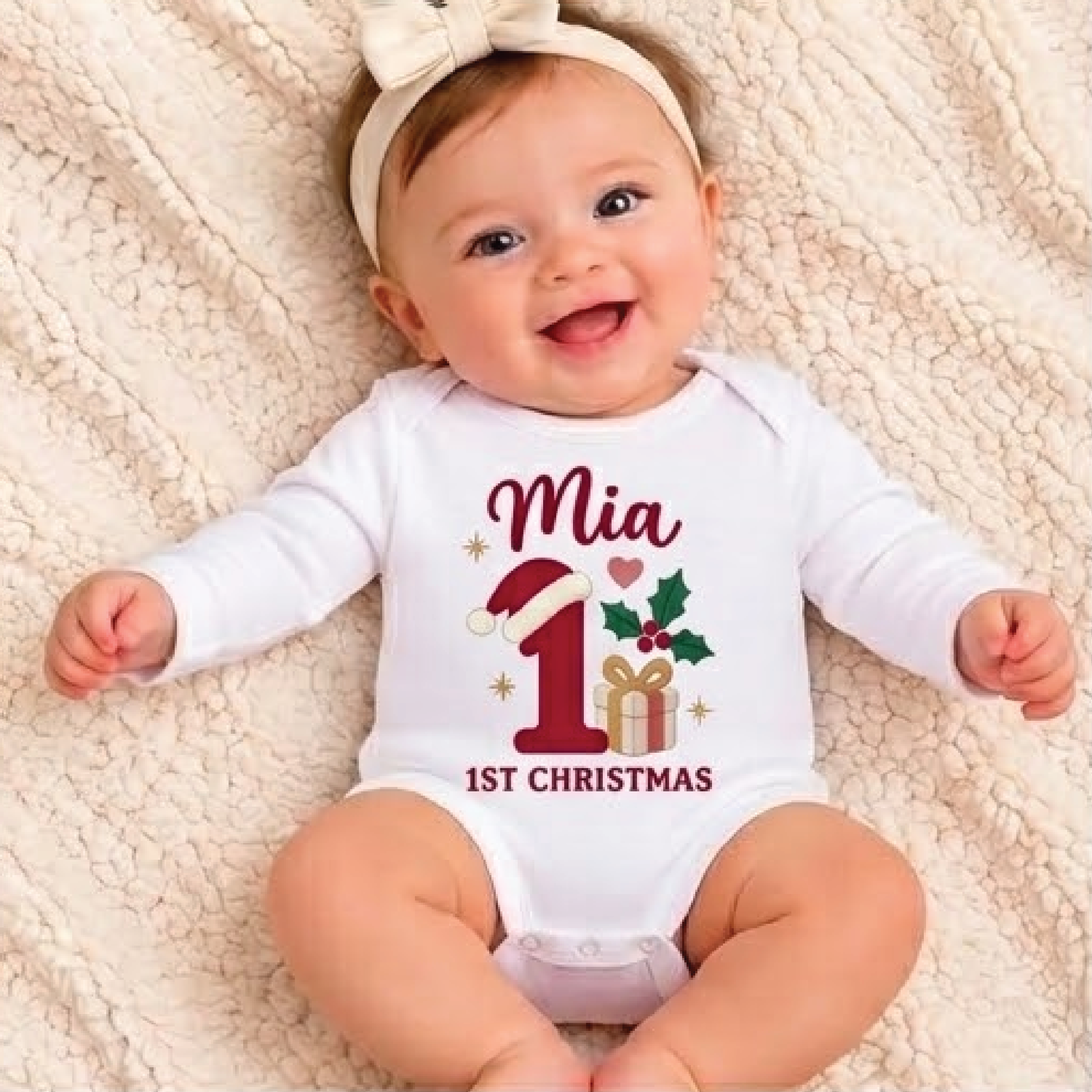 personalized baby first christmas bodysuit, custom name christmas romper, santa hat first xmas outfit, unisex baby