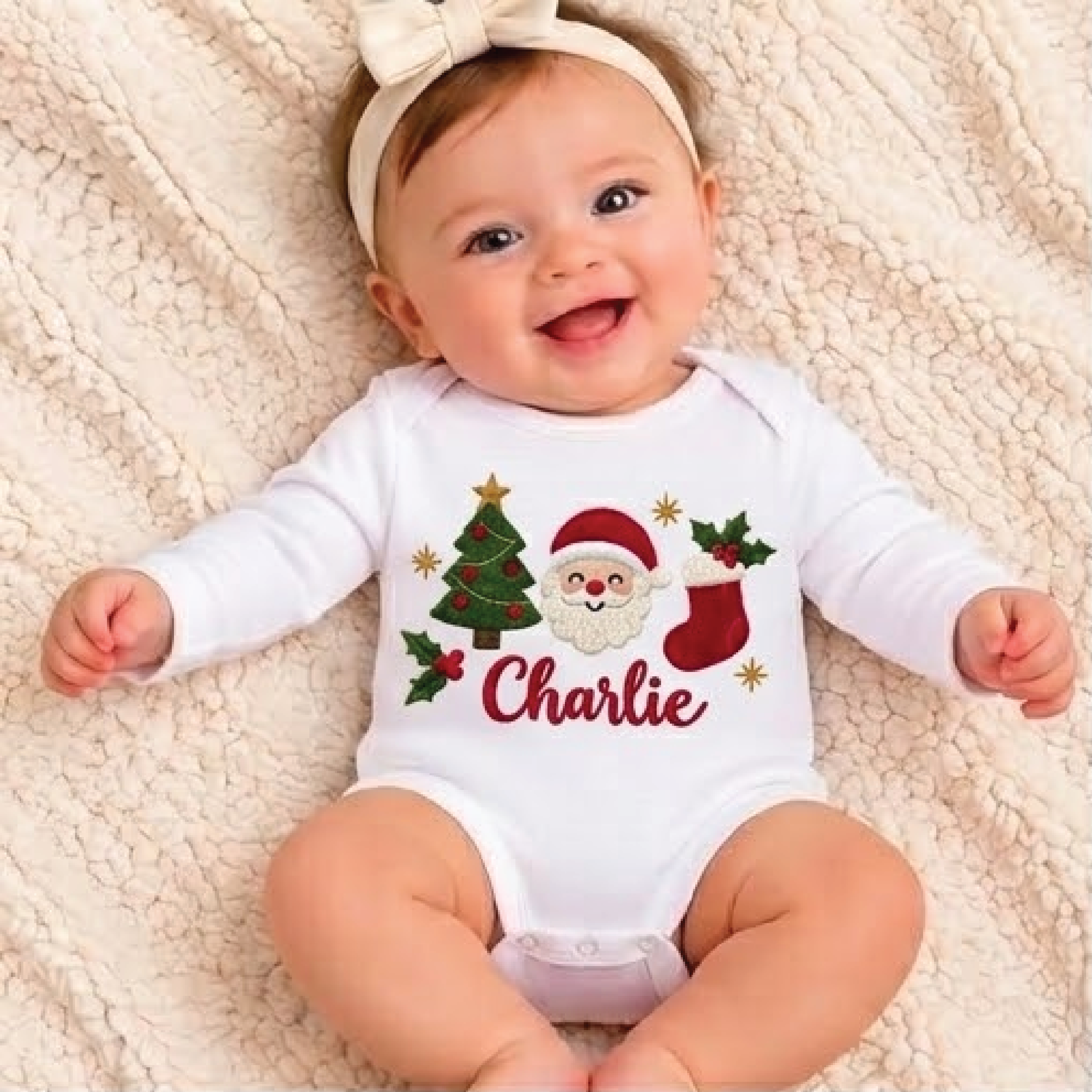 personalized baby christmas bodysuit, custom name santa claus romper, christmas tree and stocking baby outfit, unisex