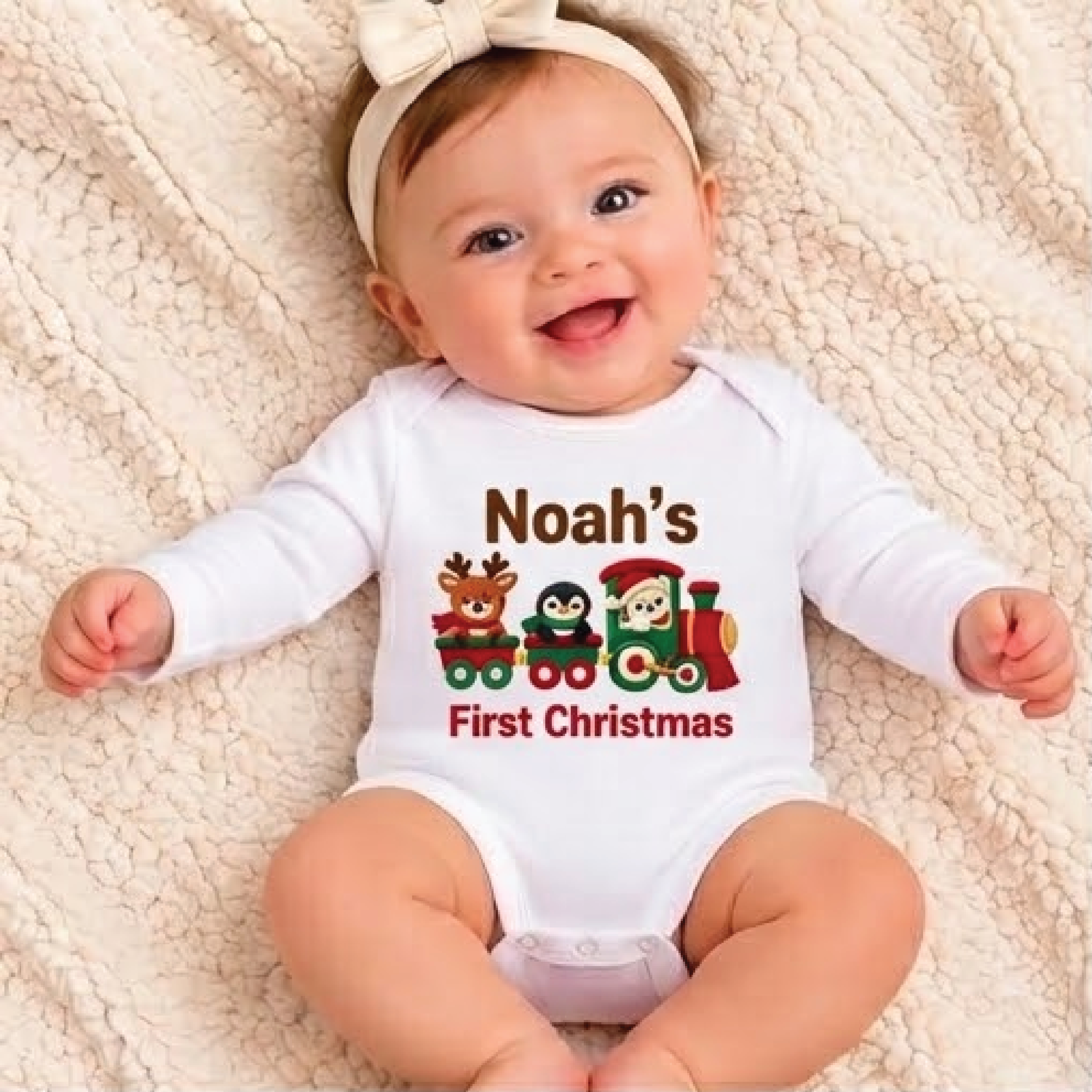 personalized baby first christmas bodysuit, custom name christmas train romper, reindeer penguin holiday outfit, unisex