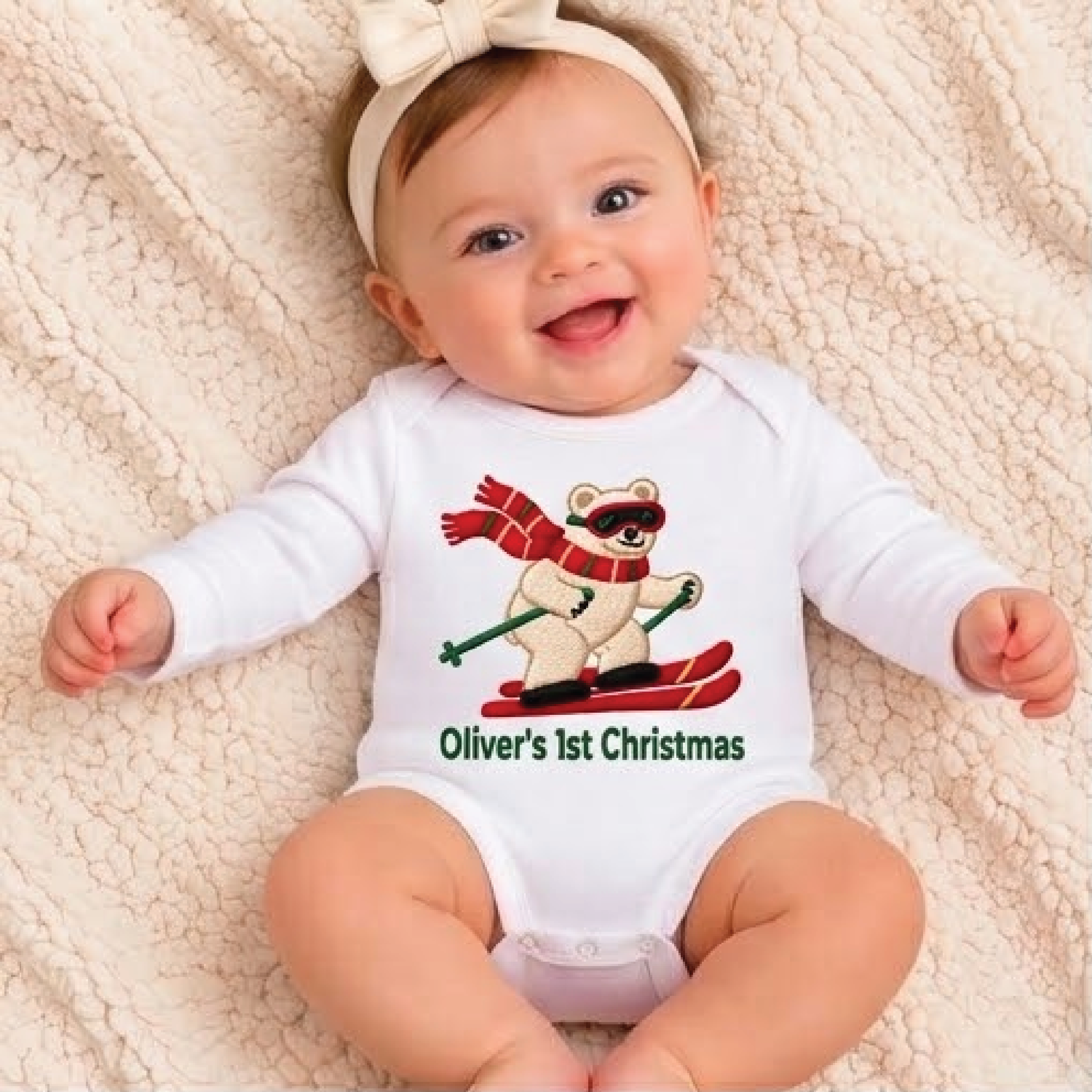 personalized baby first christmas bodysuit, custom name skiing polar bear romper, winter holiday baby outfit, unisex