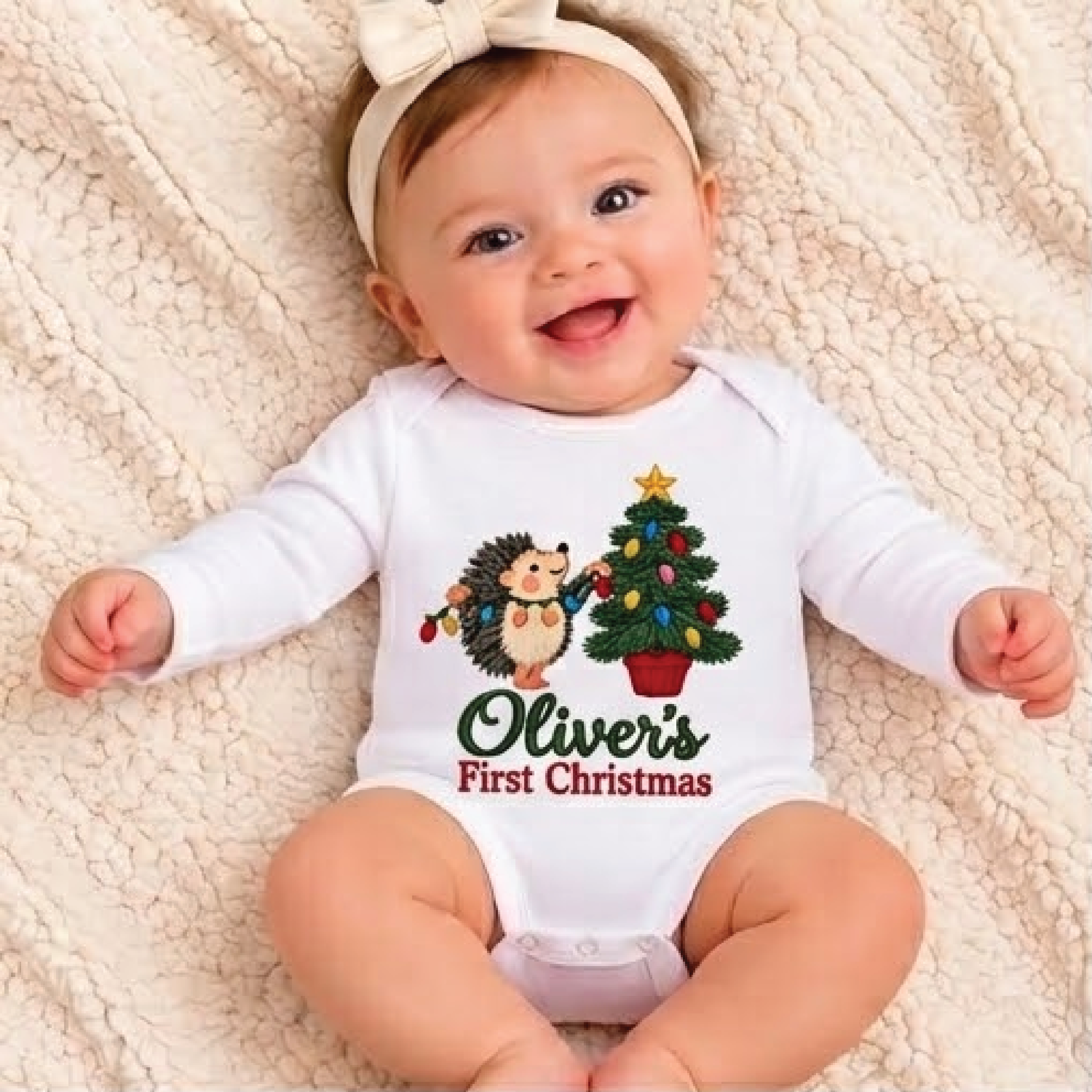 personalized baby first christmas bodysuit, custom name hedgehog christmas romper, cute woodland holiday outfit, unisex