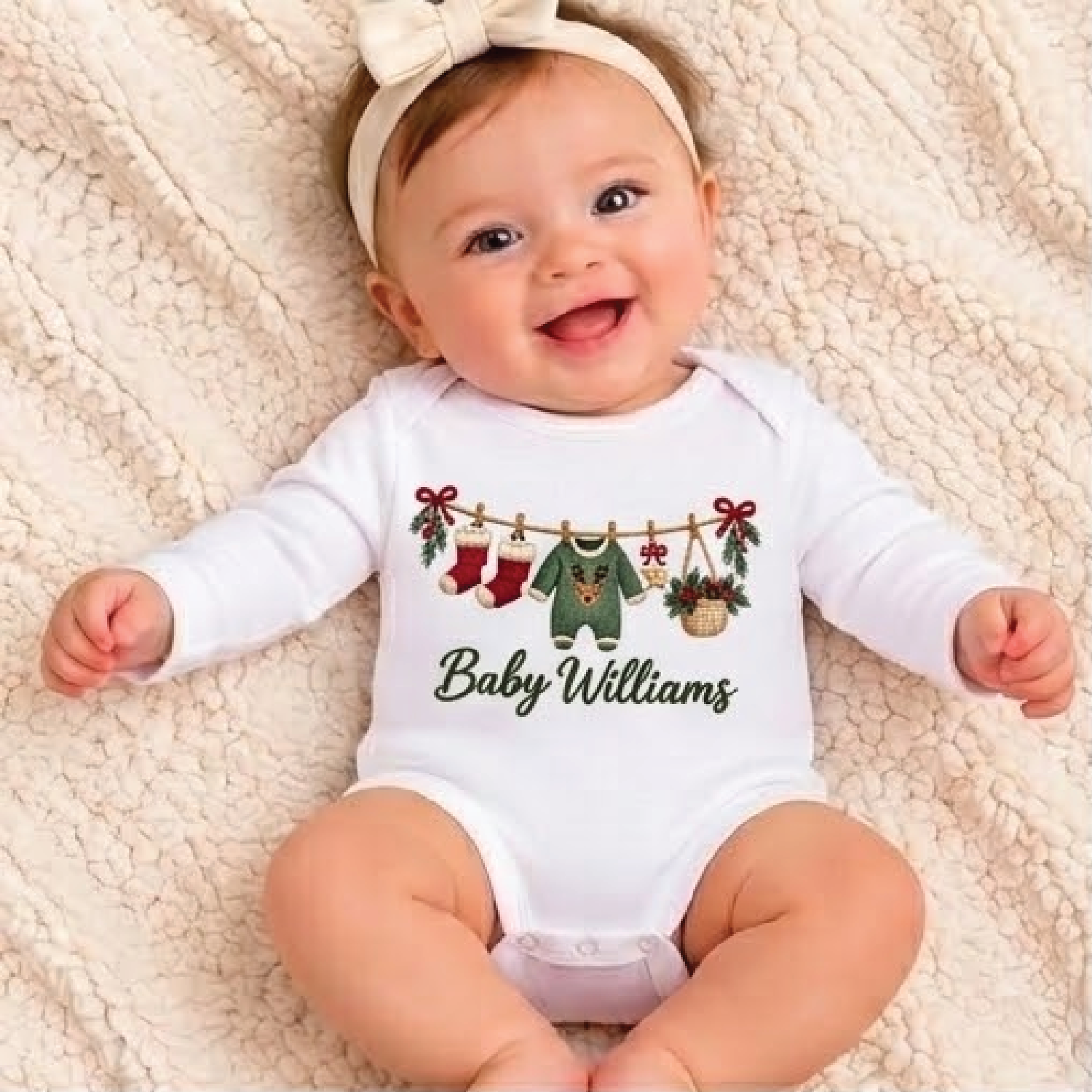 personalized baby christmas romper, custom baby name holiday clothesline bodysuit, cute reindeer outfit, unisex baby
