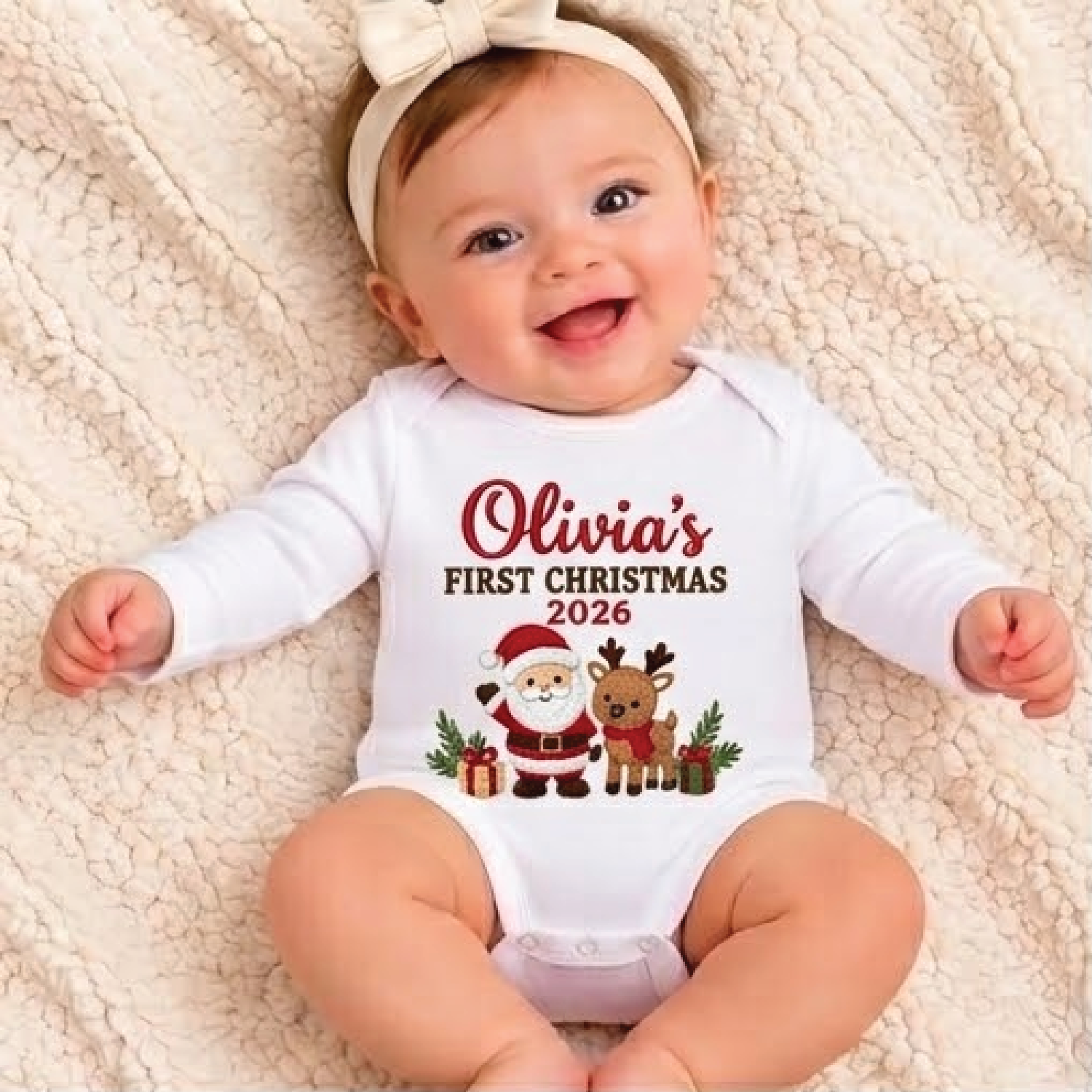 personalized baby first christmas romper 2026, custom name santa reindeer bodysuit, unisex newborn holiday outfit xmas