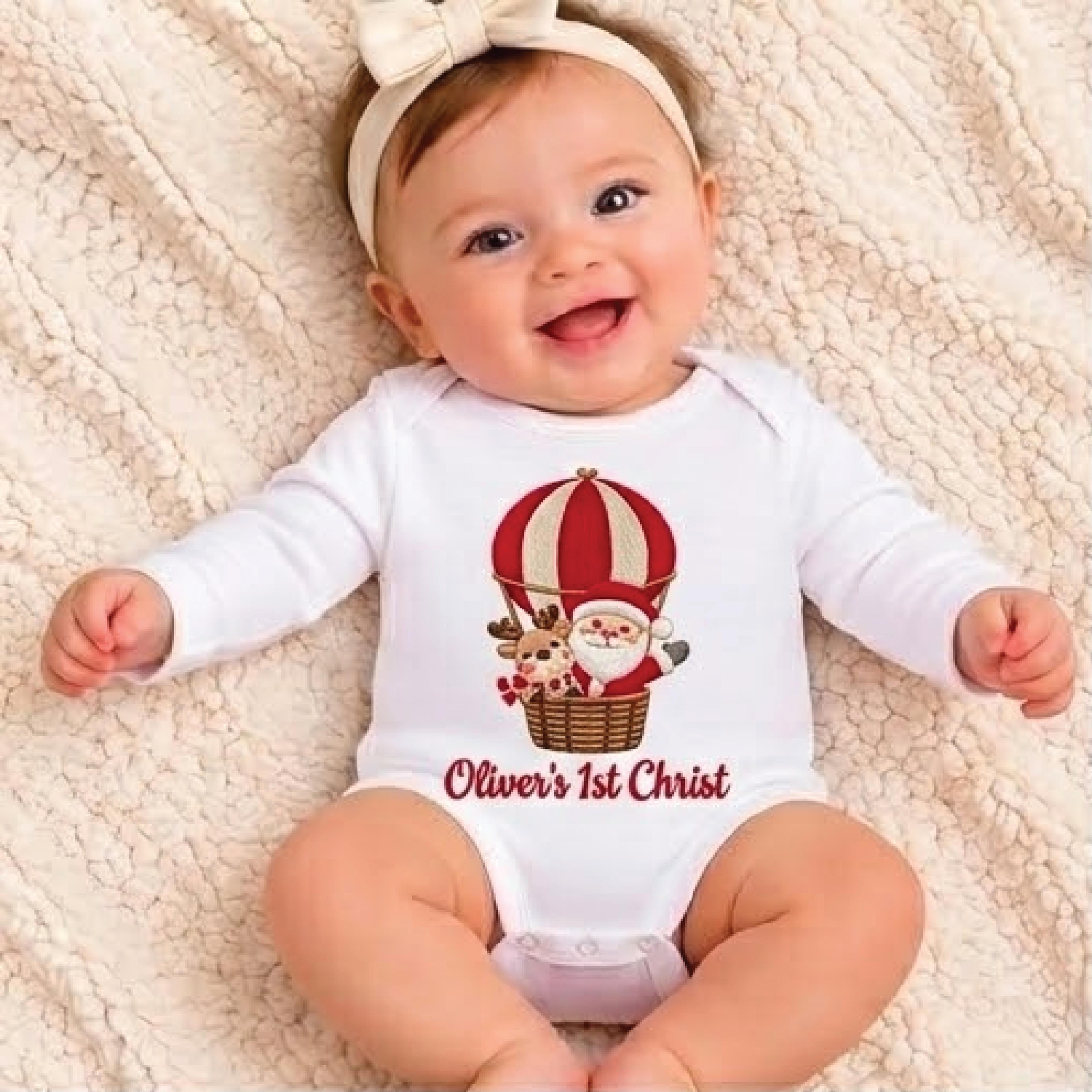 personalized baby first christmas romper, custom name santa reindeer hot air balloon bodysuit, unisex holiday baby