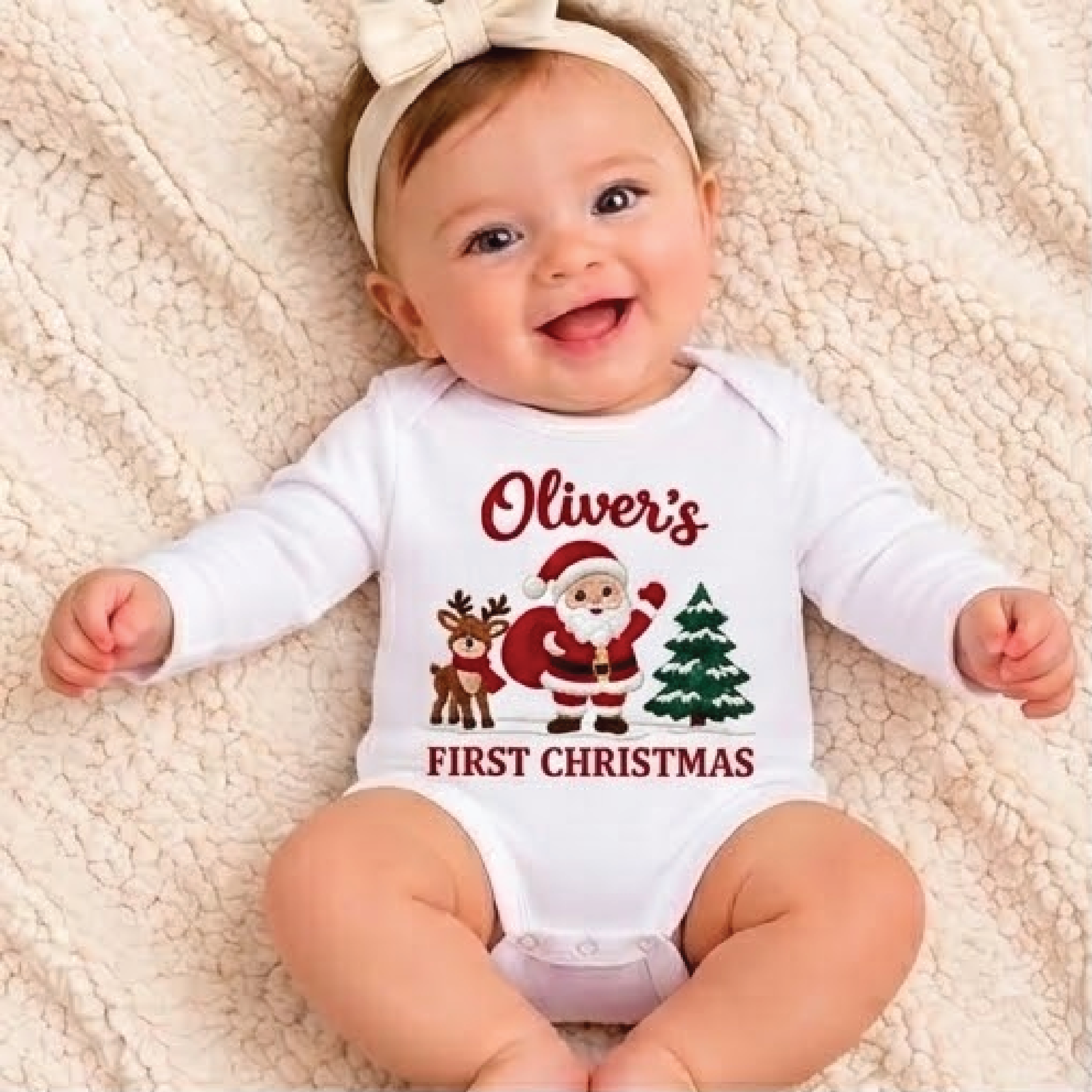 personalized baby first christmas romper, custom name santa reindeer christmas tree bodysuit, unisex newborn xmas outfit