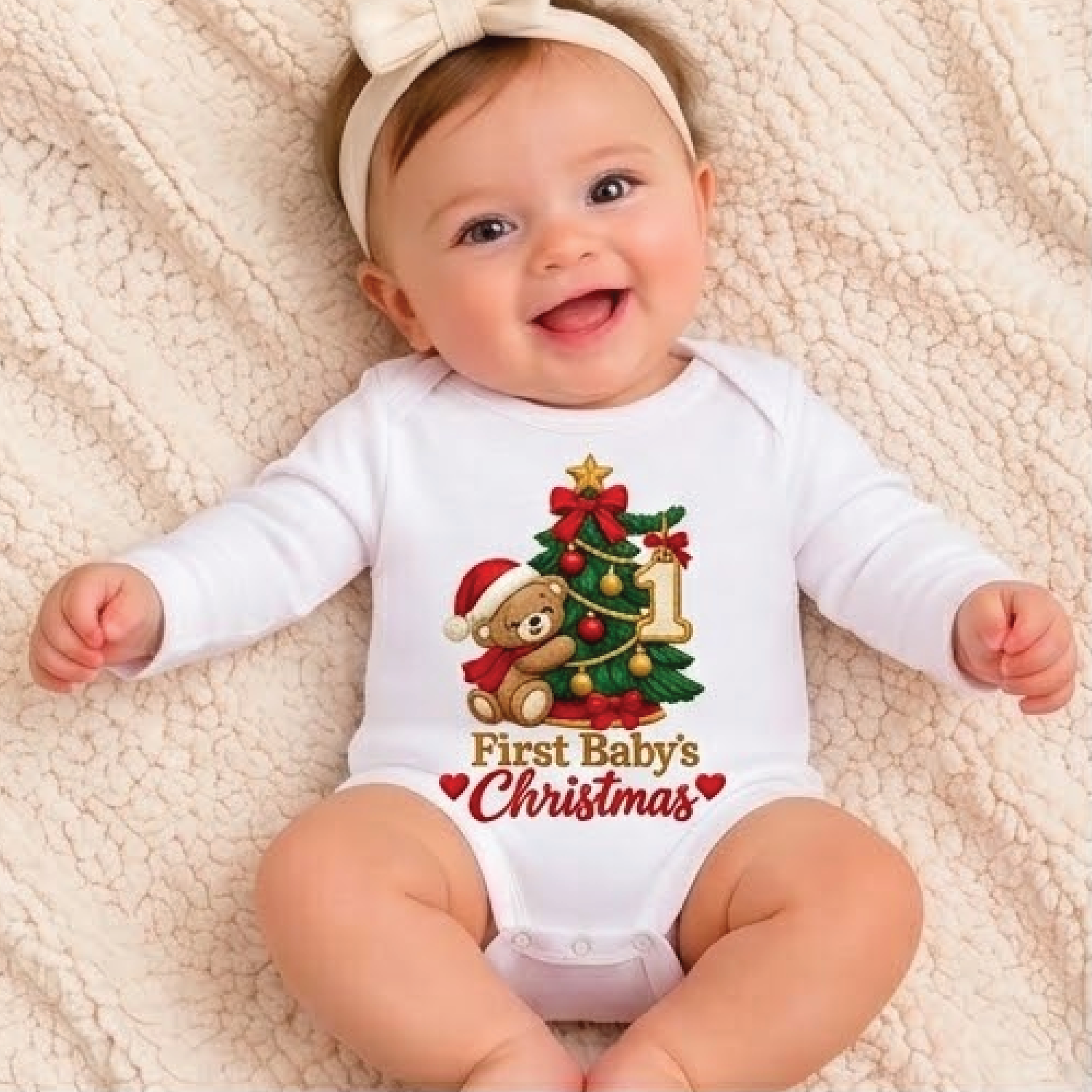 baby's first christmas romper, cute teddy bear christmas tree bodysuit, 1st xmas baby outfit, unisex newborn holiday