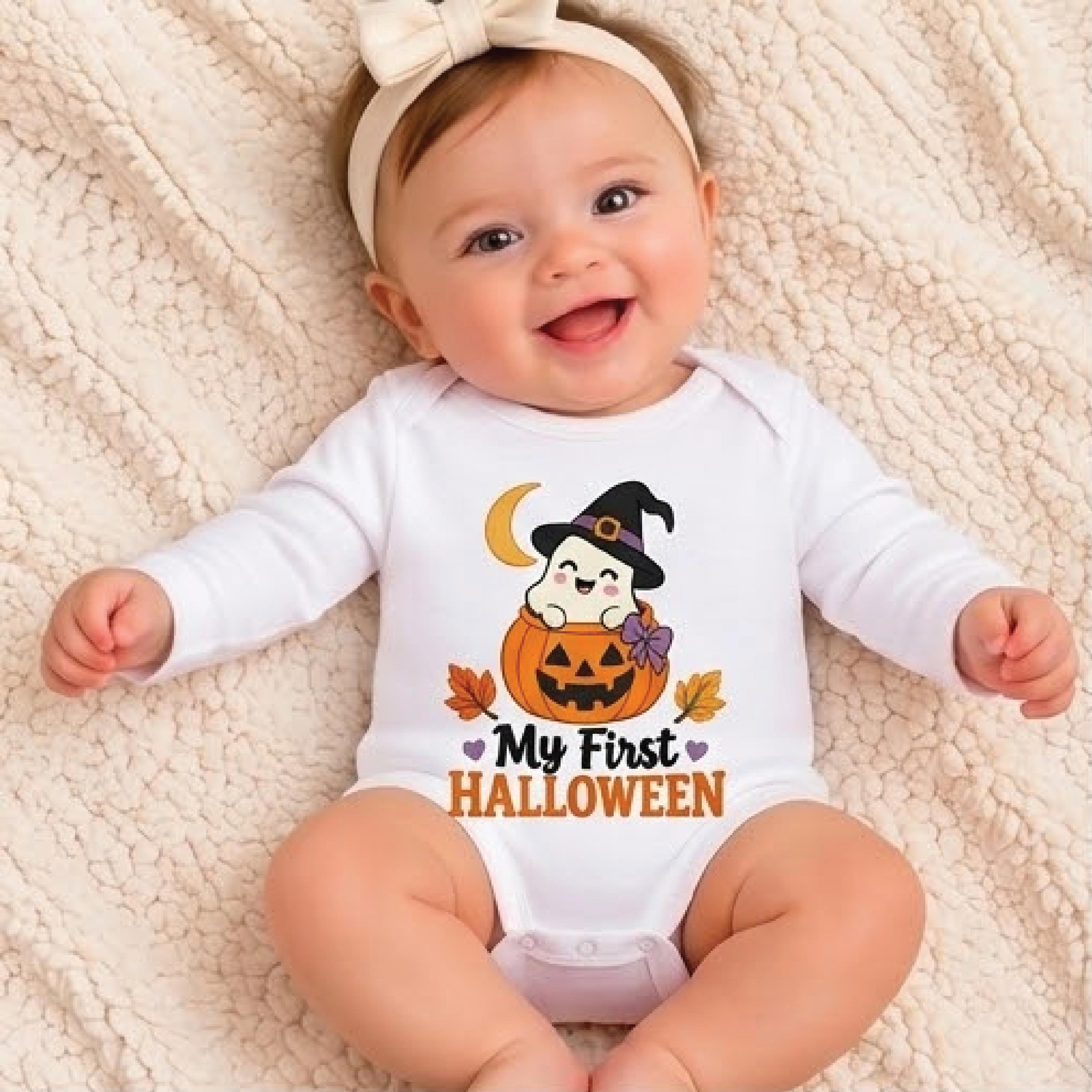 my first halloween baby romper, cute ghost witch pumpkin bodysuit, spooky cute newborn halloween outfit, unisex baby