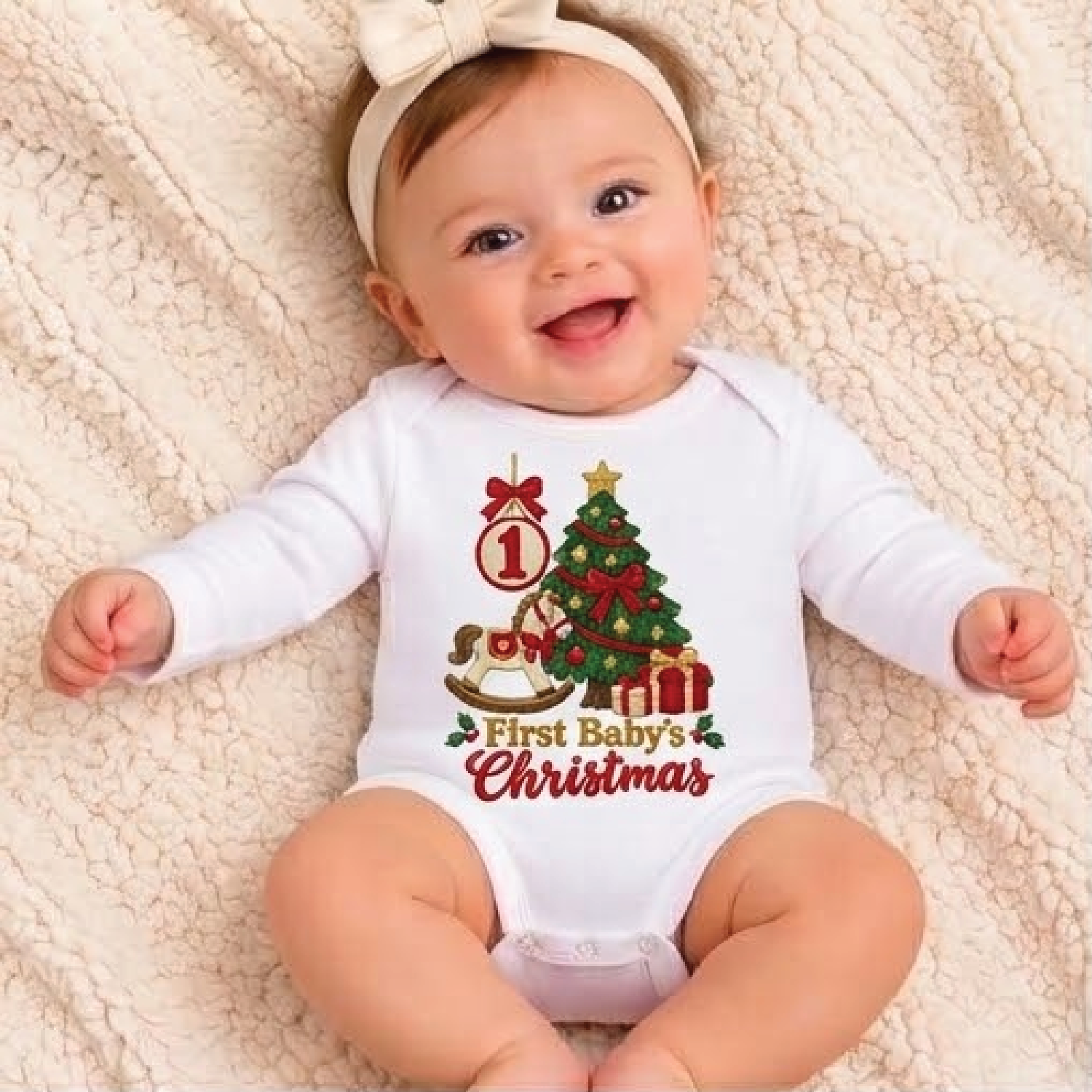 baby's first christmas romper, rocking horse christmas tree bodysuit, cute 1st xmas baby outfit, unisex holiday gift