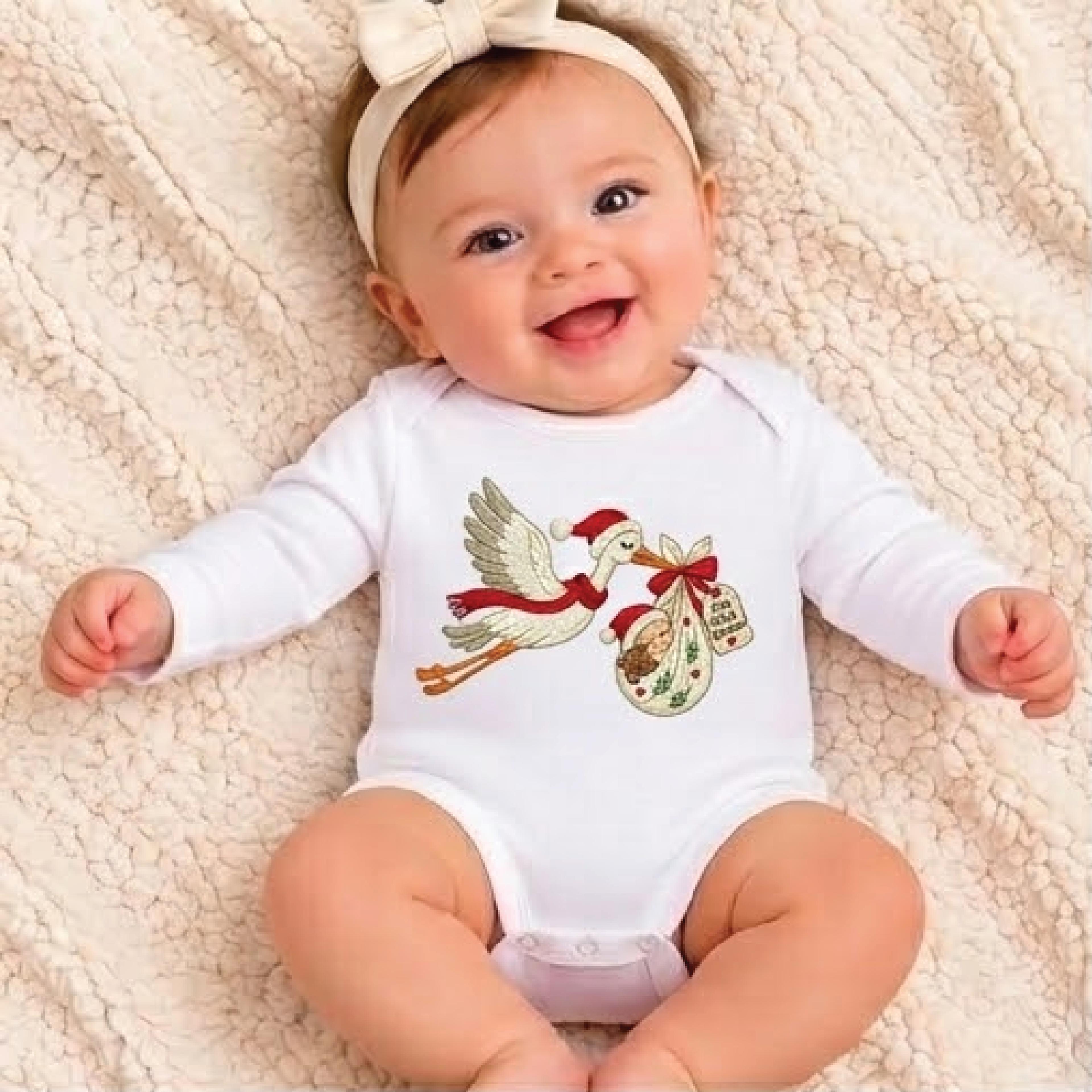 christmas stork baby romper, cute newborn delivery bodysuit, santa stork baby bundle outfit, unisex holiday baby shower