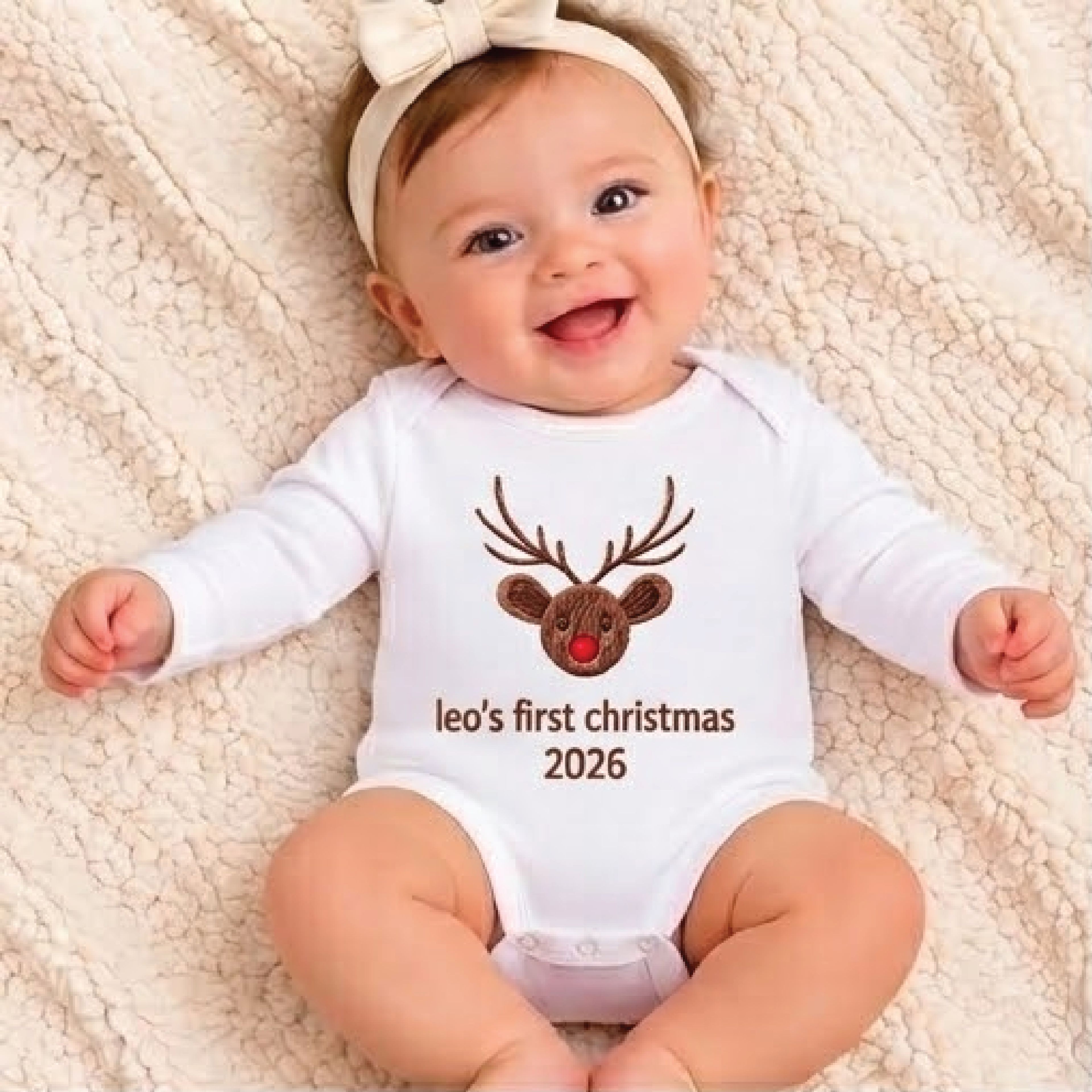 personalized baby's first christmas romper 2026, cute rudolph reindeer bodysuit, custom name unisex newborn holiday
