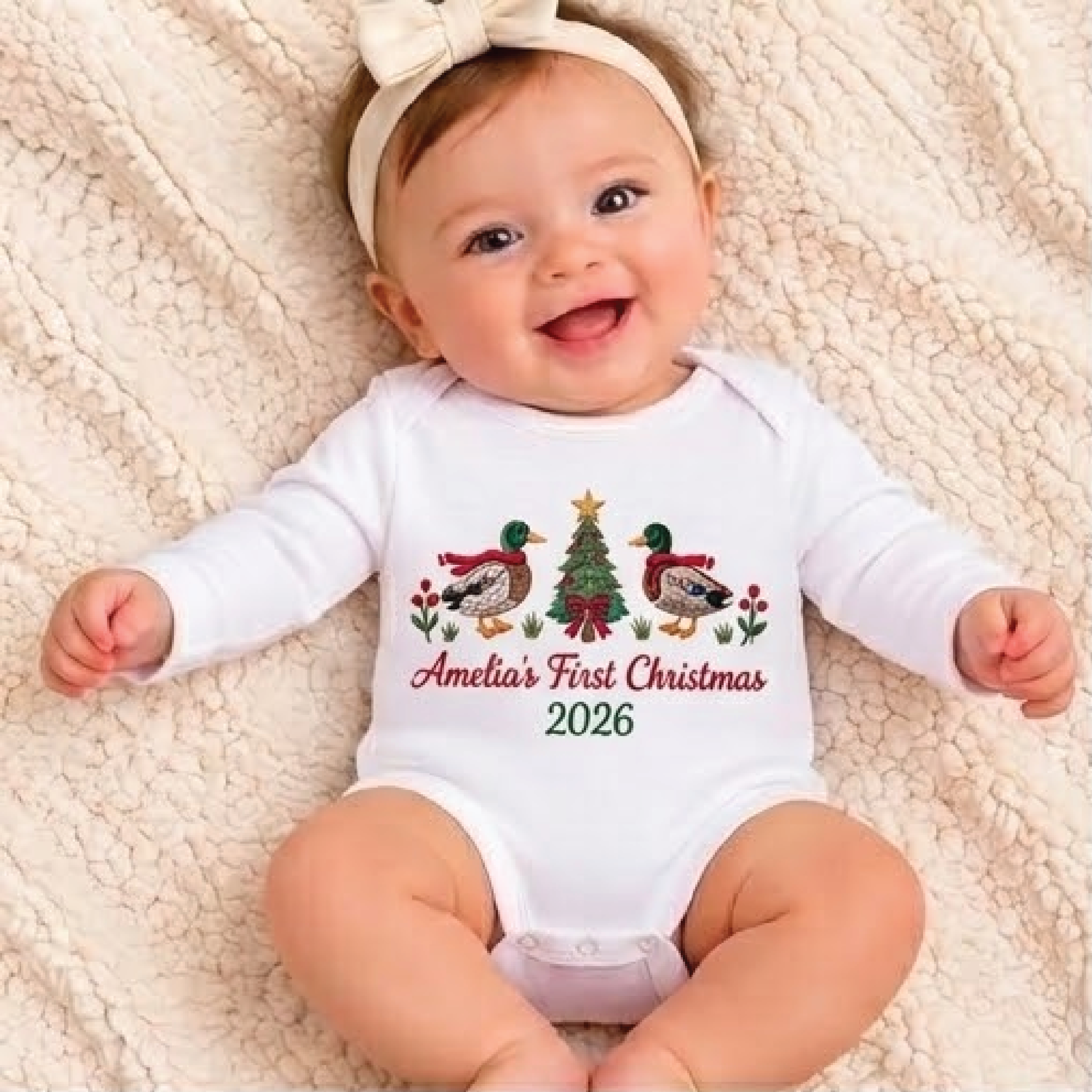 personalized baby's first christmas romper 2026, cute christmas ducks bodysuit, custom name unisex newborn holiday