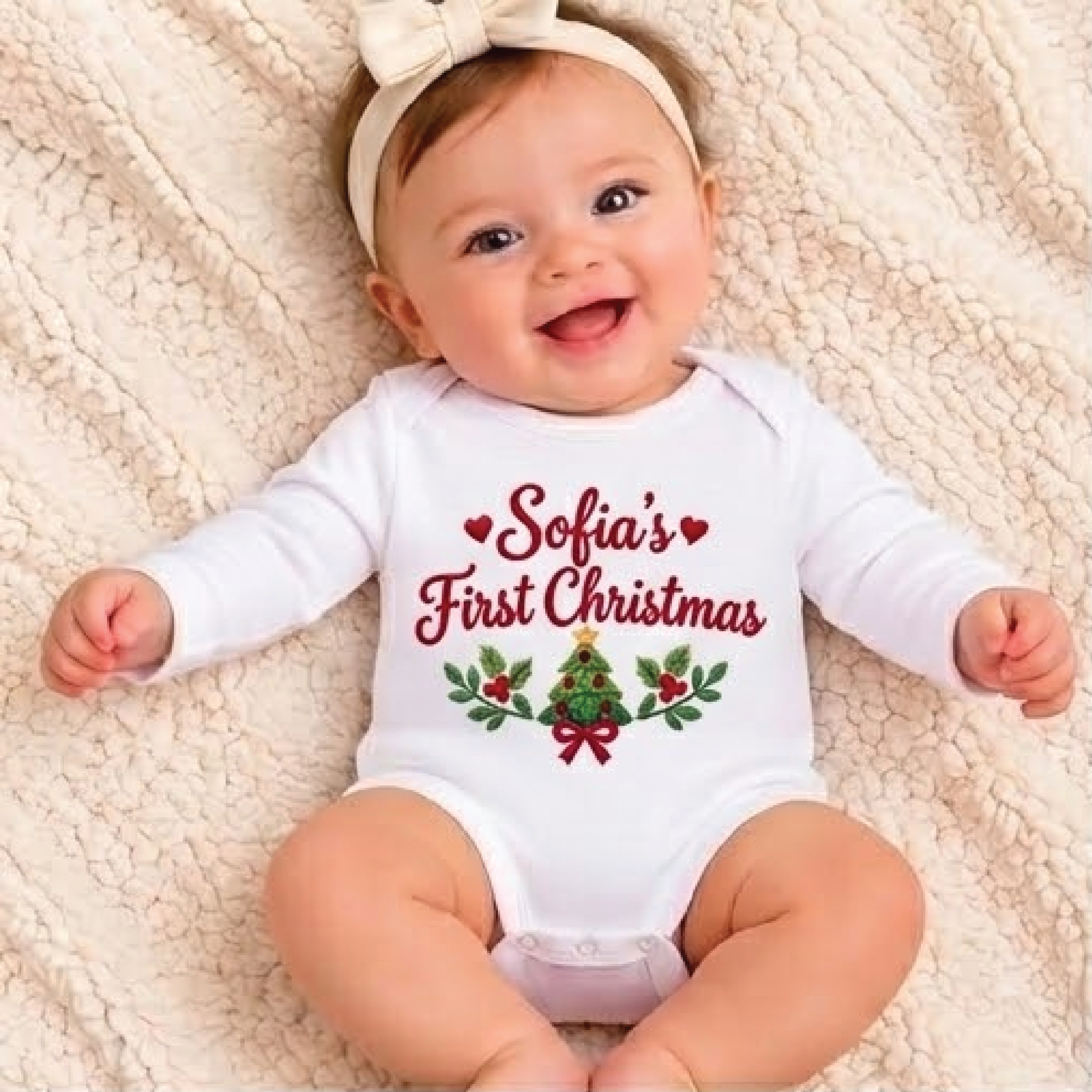 personalized baby's first christmas romper, custom name christmas tree baby bodysuit, unisex newborn holiday outfit gift