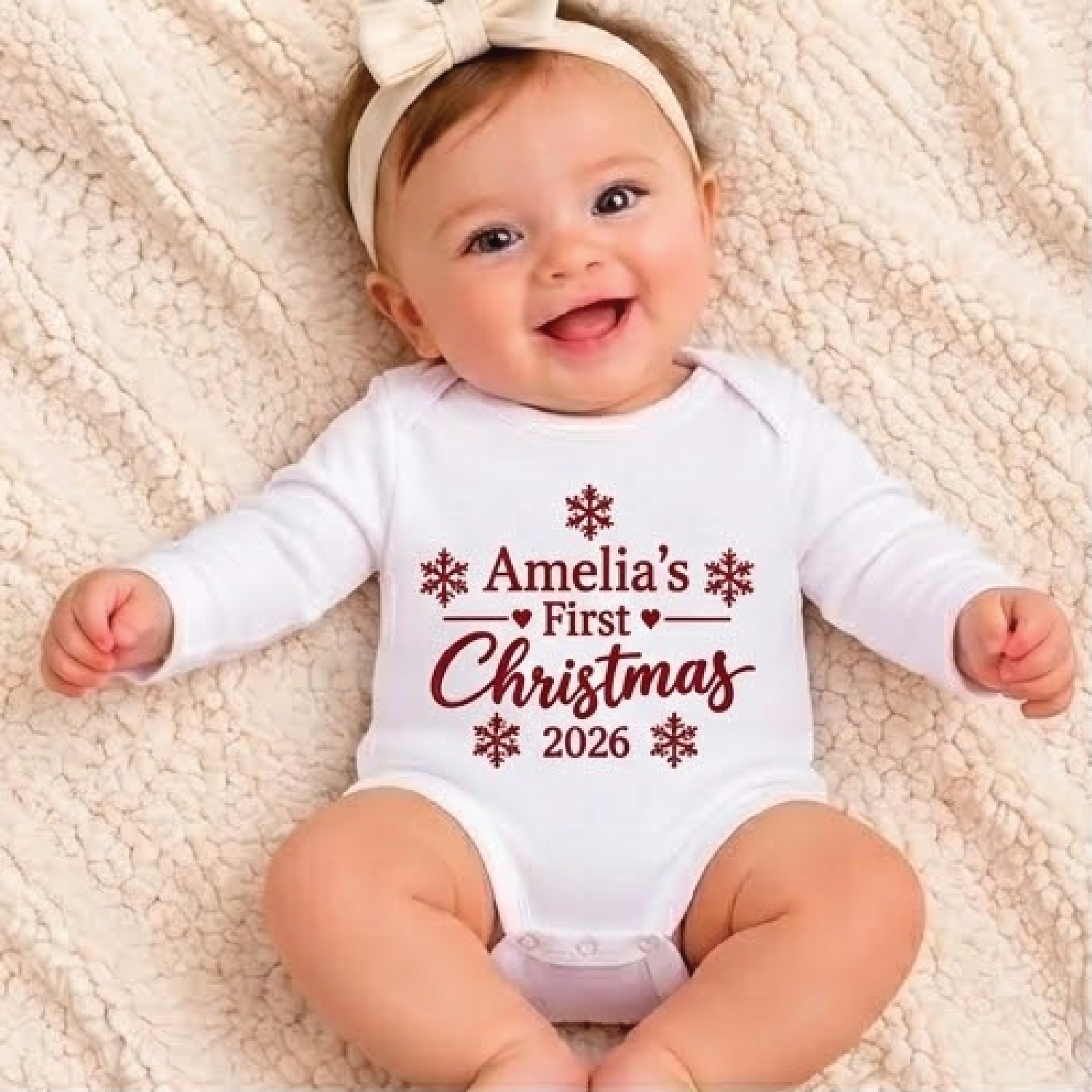 personalized baby first christmas 2026 romper, custom name snowflake christmas bodysuit, unisex newborn holiday outfit