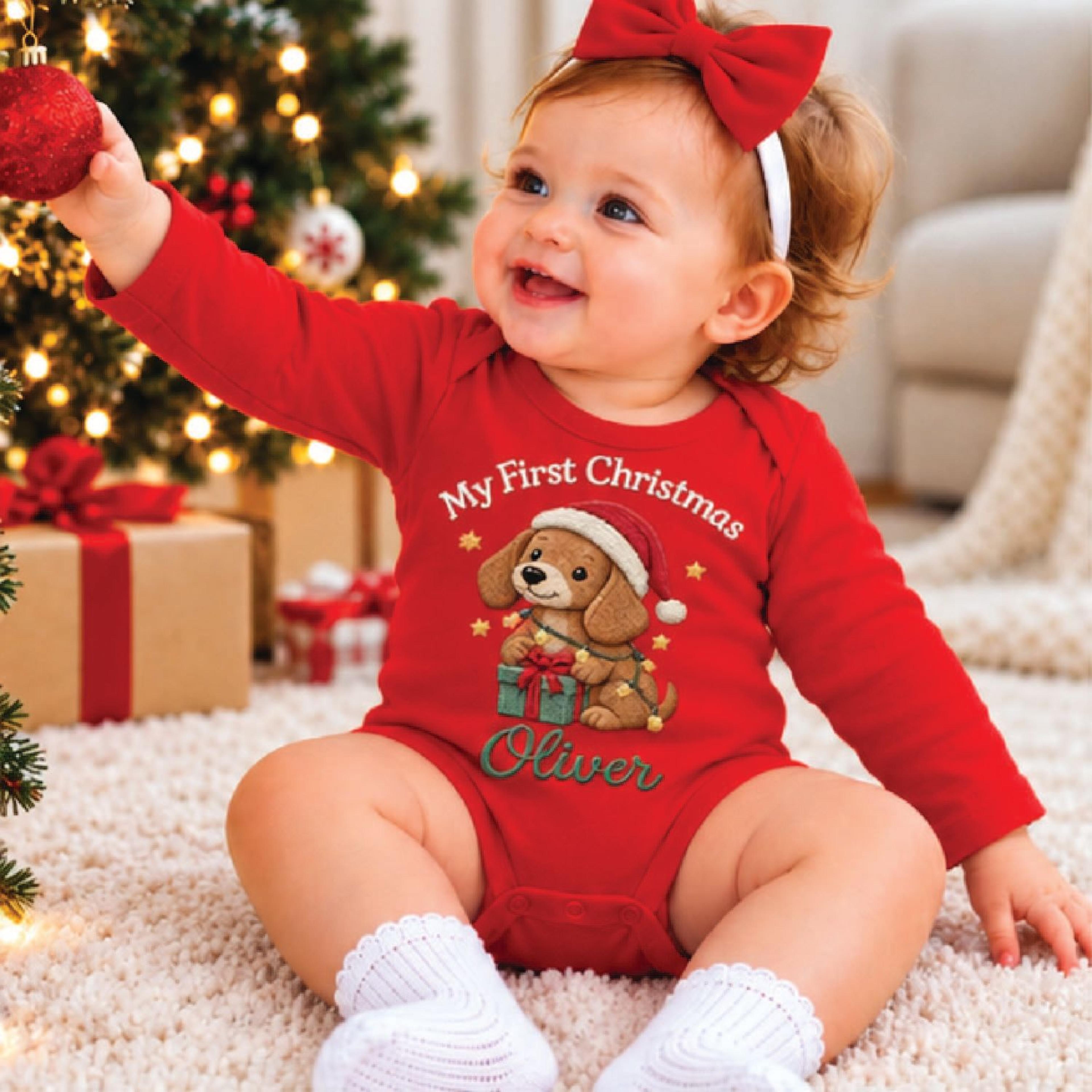 personalized baby first christmas puppy romper, custom name santa dog christmas bodysuit, unisex newborn holiday outfit