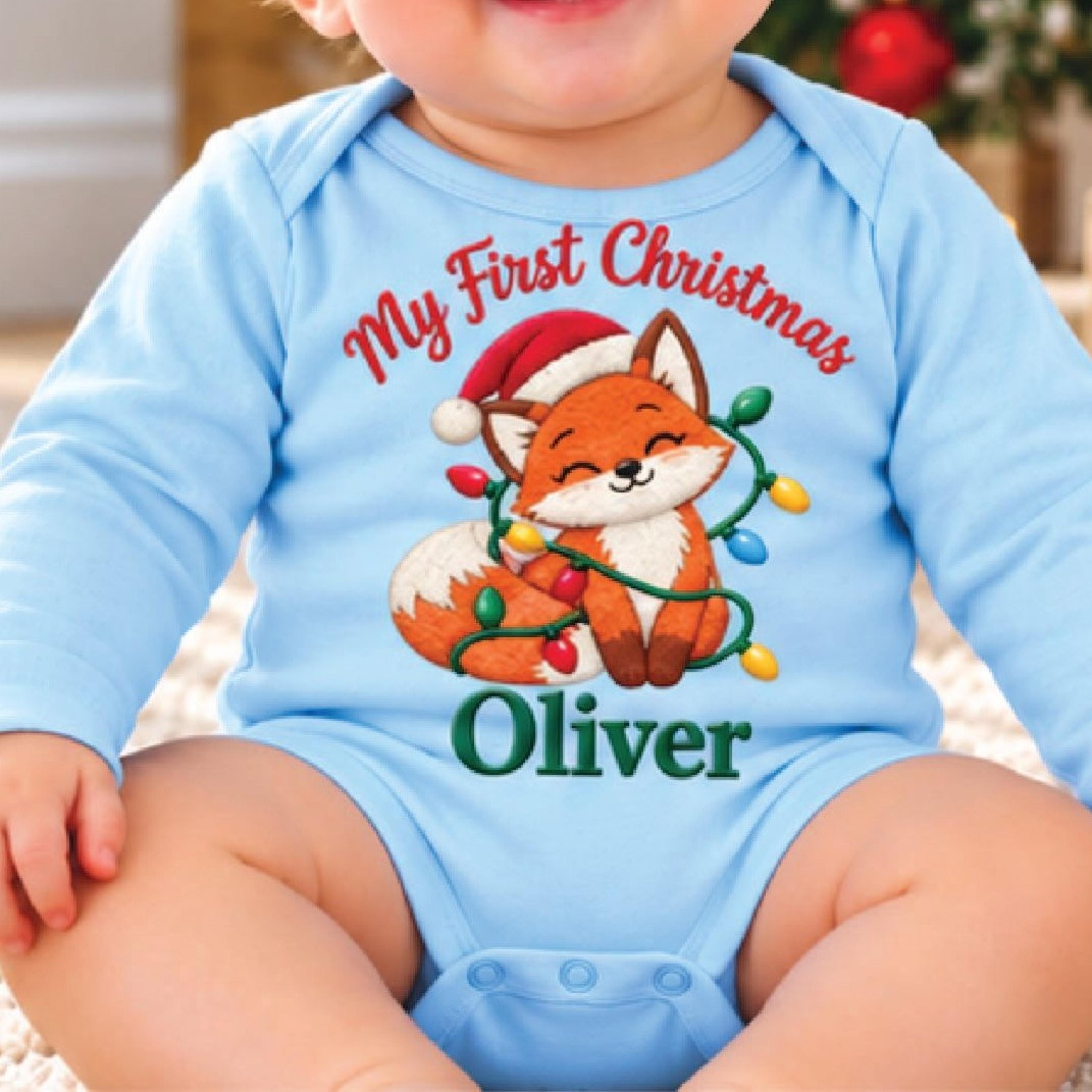 personalized baby first christmas fox romper, custom name cute santa fox bodysuit, unisex newborn holiday outfit gift