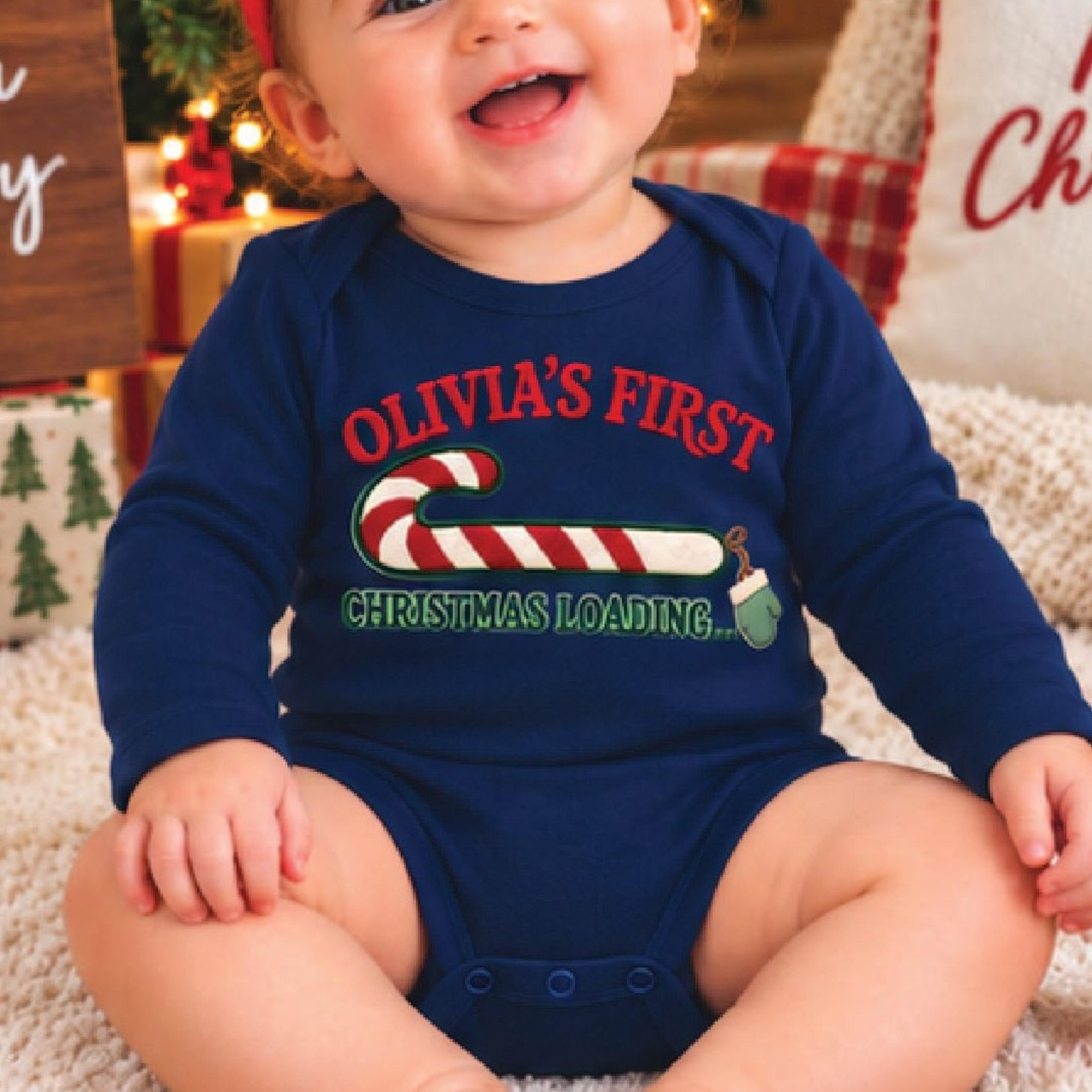 personalized baby first christmas loading romper, custom name candy cane christmas bodysuit, funny unisex newborn