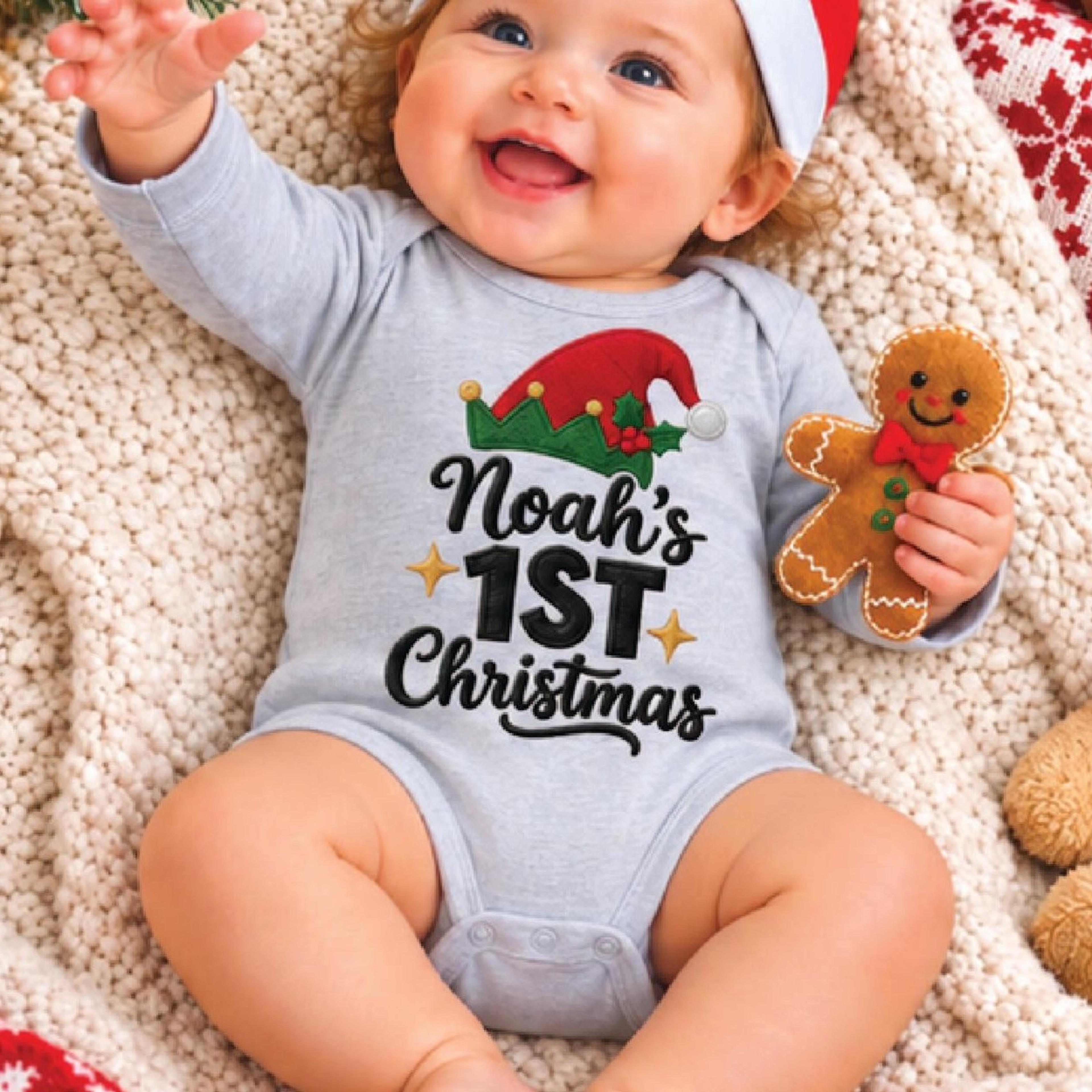 personalized baby first christmas romper, custom name elf hat 1st christmas bodysuit, unisex newborn holiday outfit gift