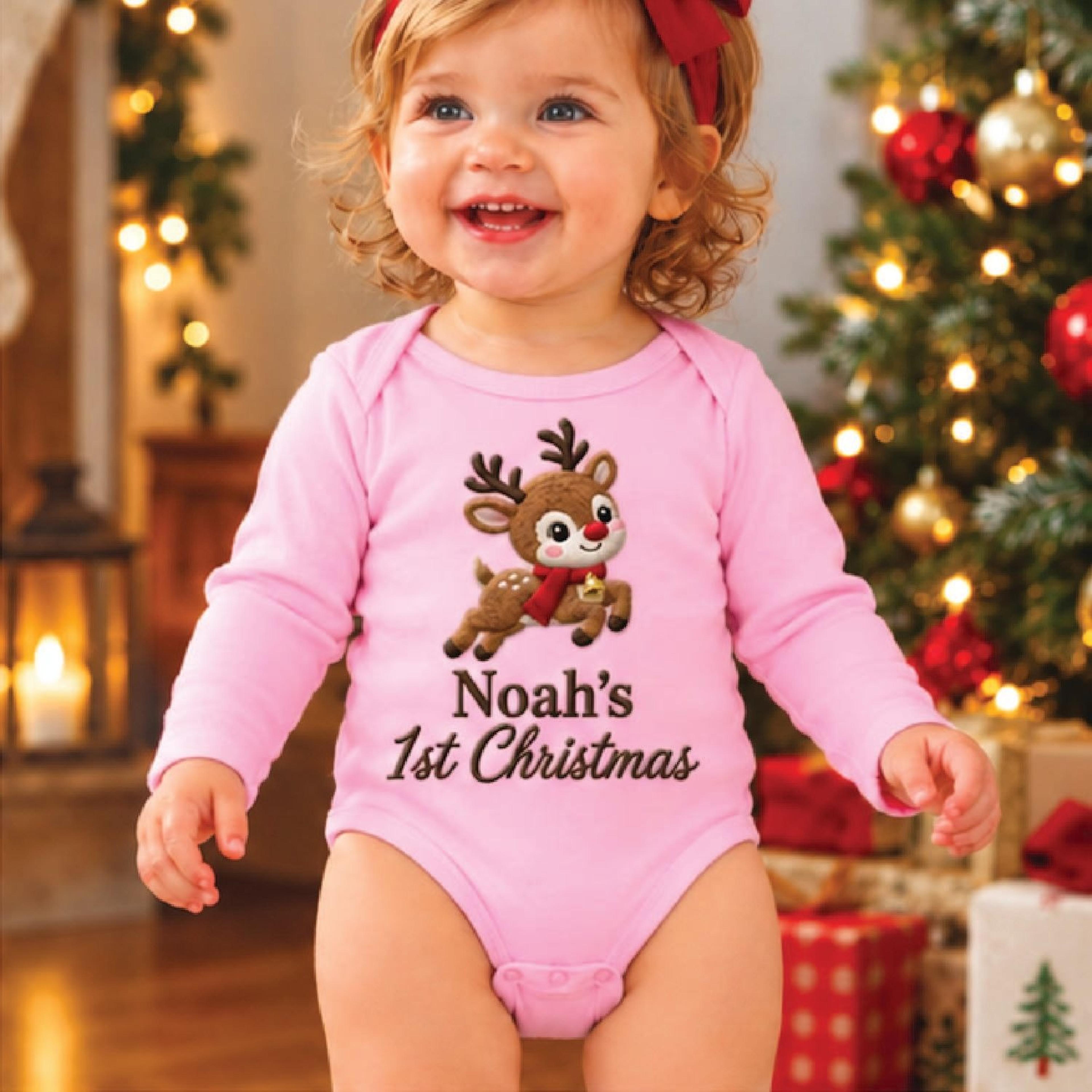 personalized baby first christmas romper, cute reindeer custom name bodysuit, unisex newborn christmas outfit, holiday