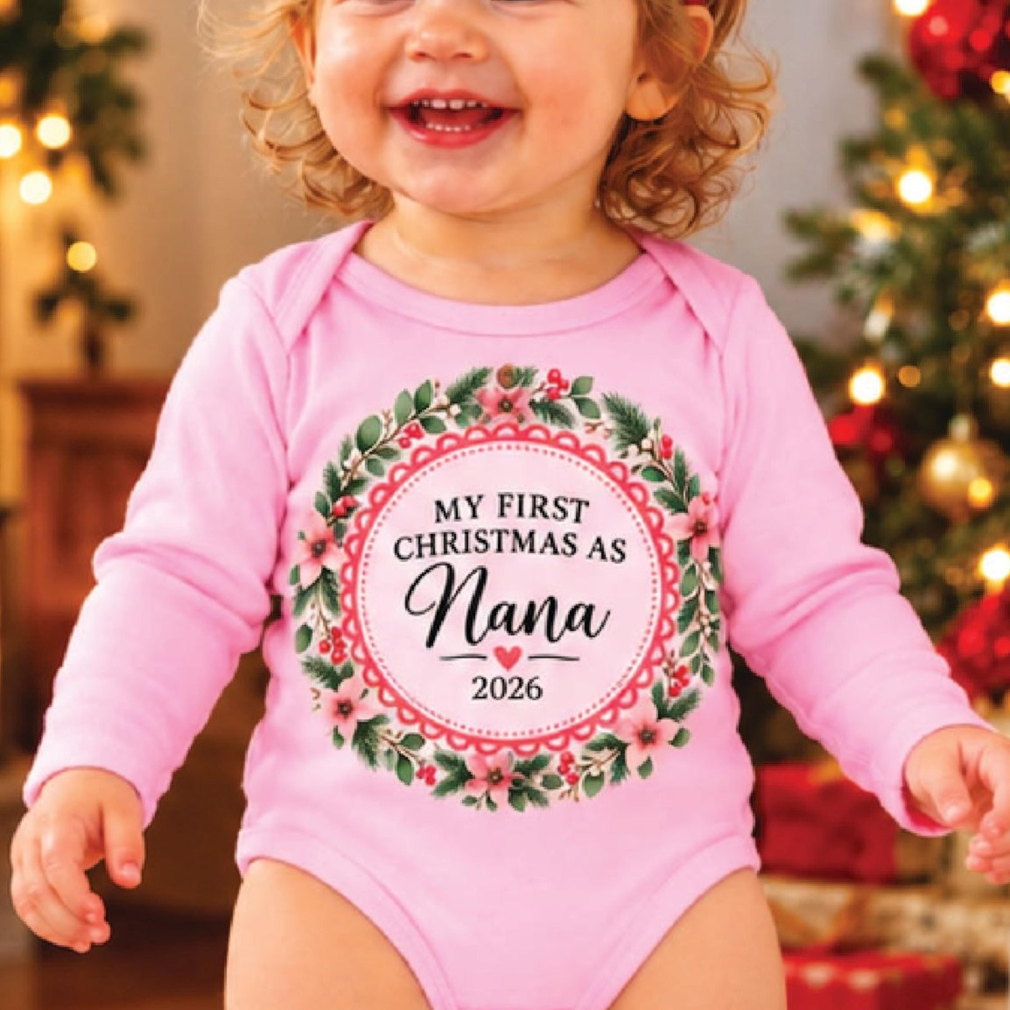 my first christmas as nana baby romper, floral wreath grandma announcement bodysuit, unisex newborn christmas gift 2026
