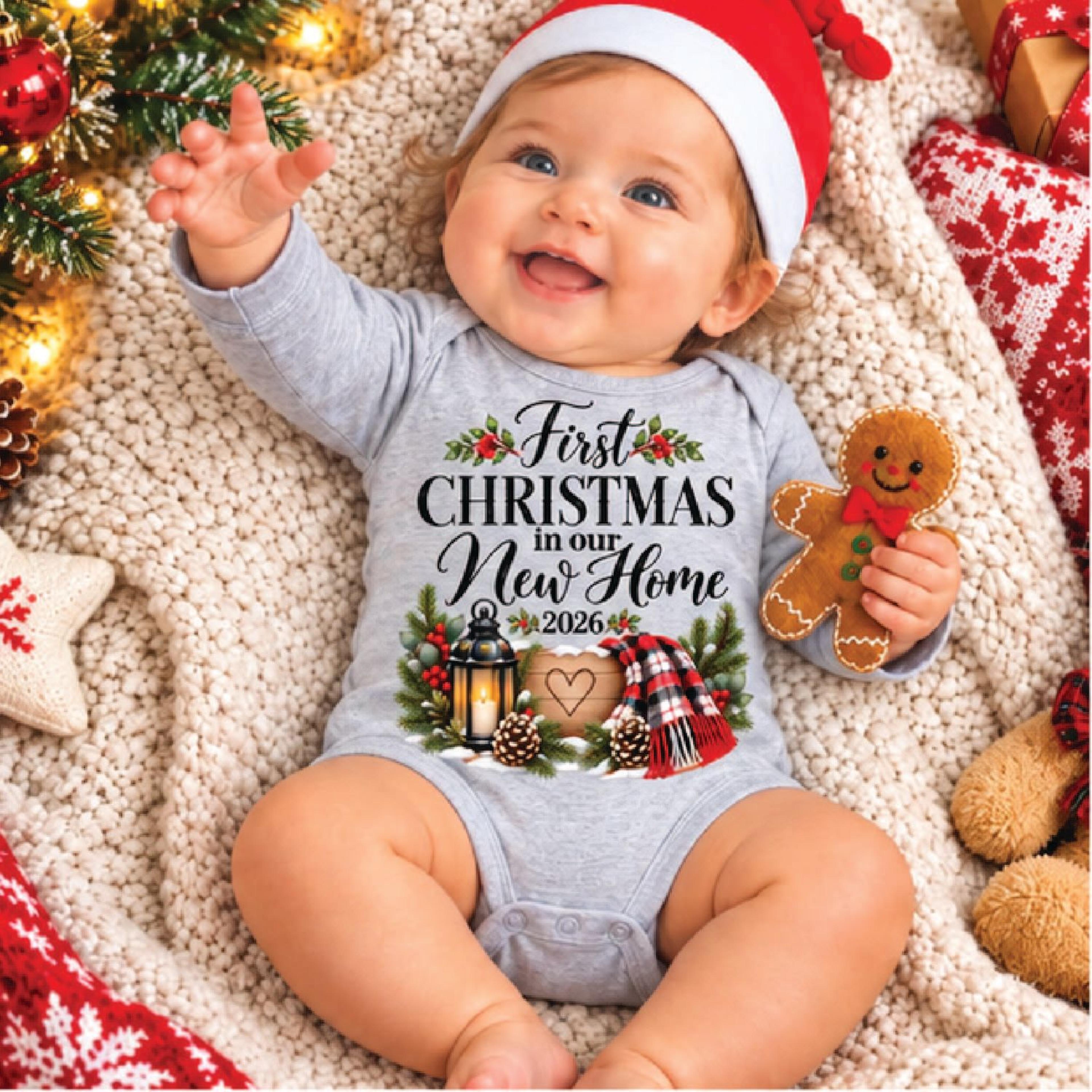 first christmas in our new home baby romper 2026, new house christmas bodysuit, unisex baby holiday outfit, housewarming