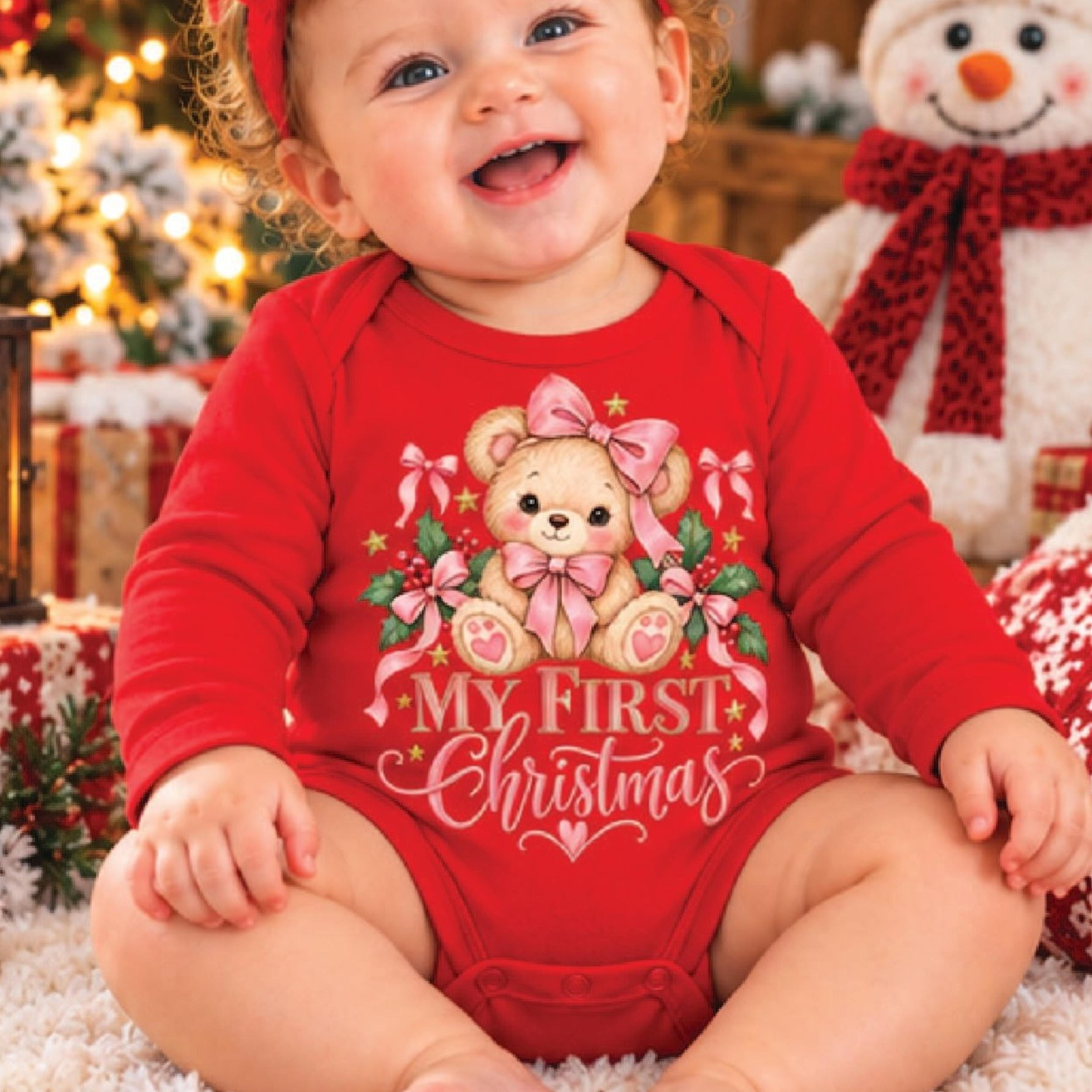my first christmas teddy bear baby romper, cute bear holiday bodysuit, unisex infant christmas outfit, baby's first xmas