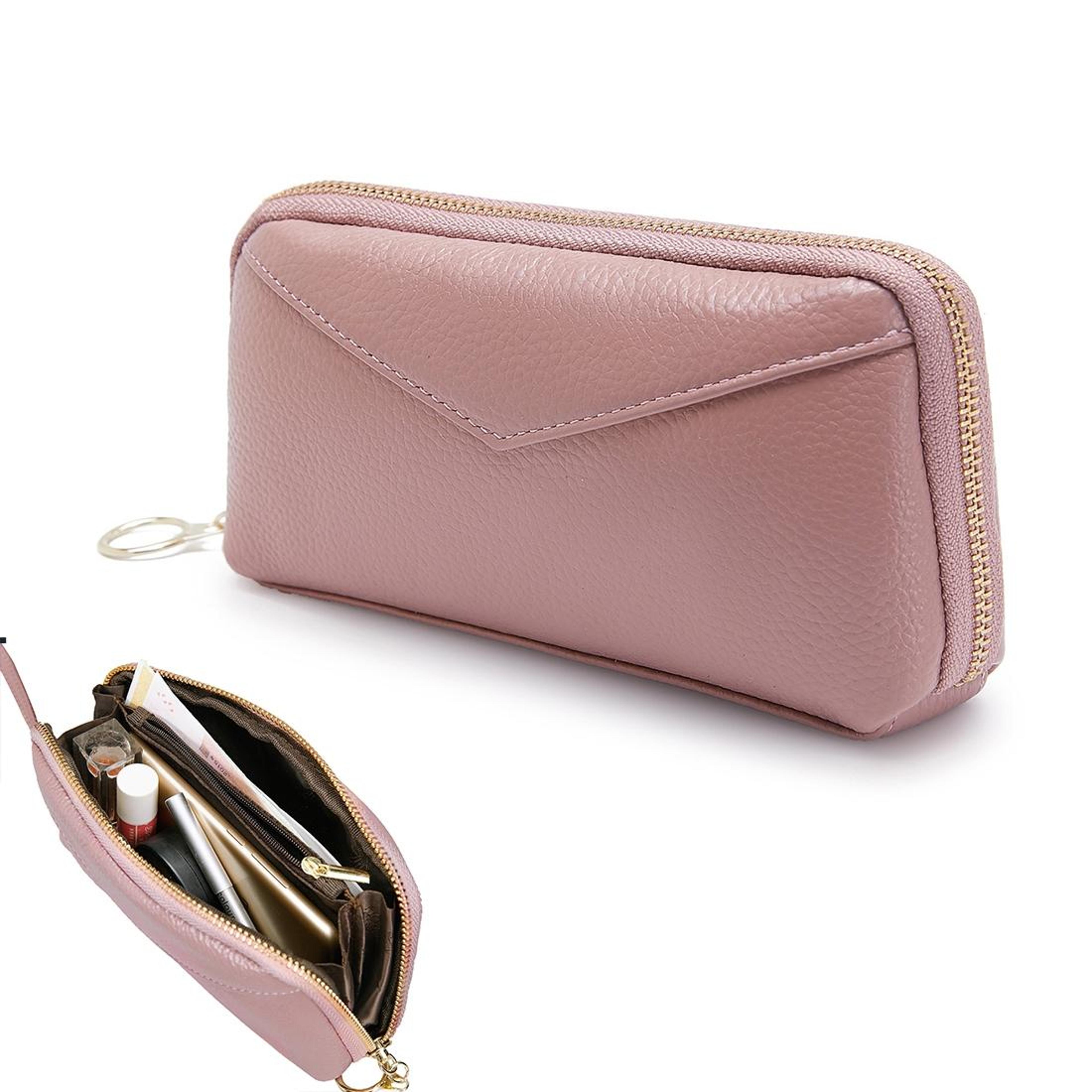 elegant pink genuine leather wallet handbag for women with card slots & zip compartments