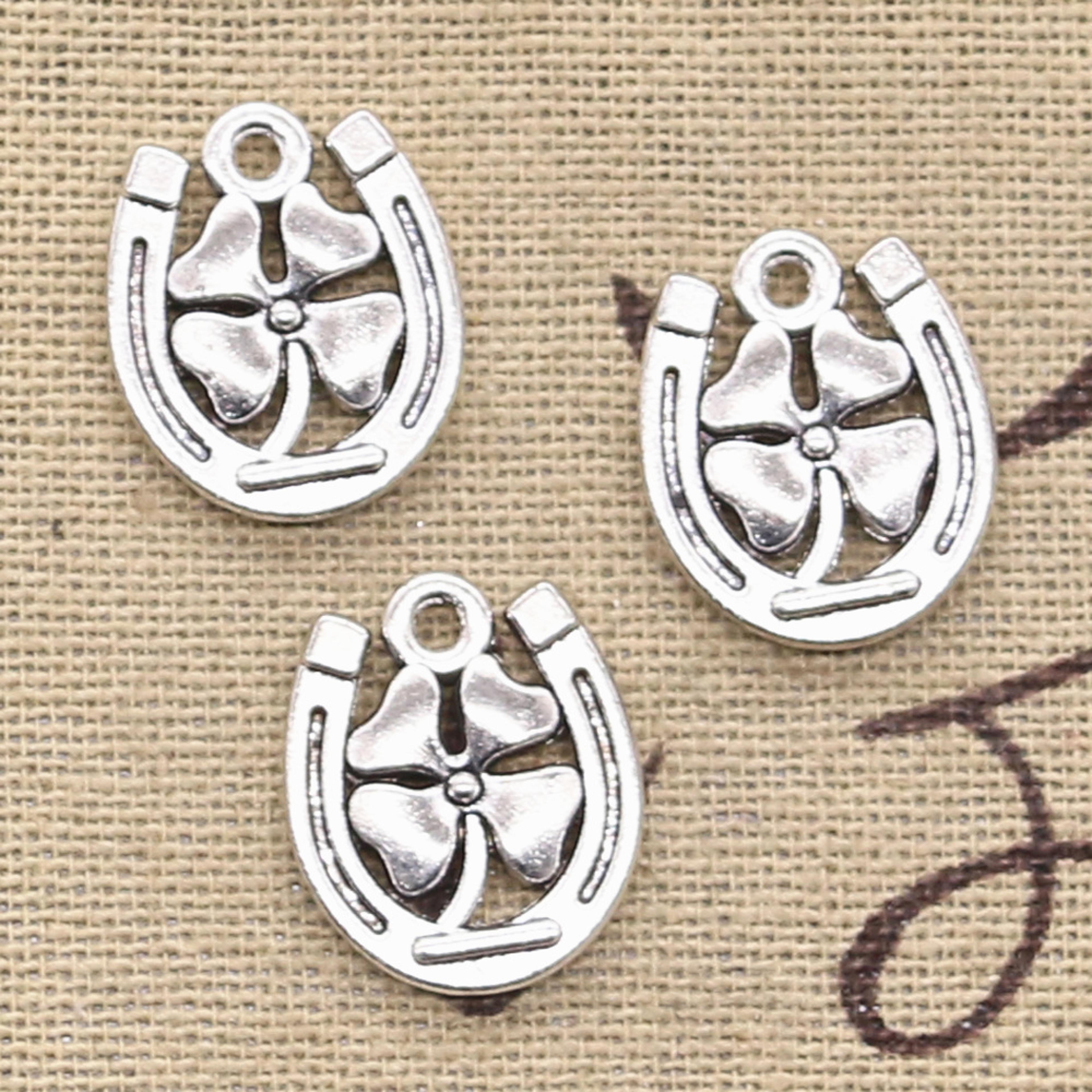 vintage charms horseshoe lucky clover antique pendant, tibetan bronze silver diy jewelry making supplies