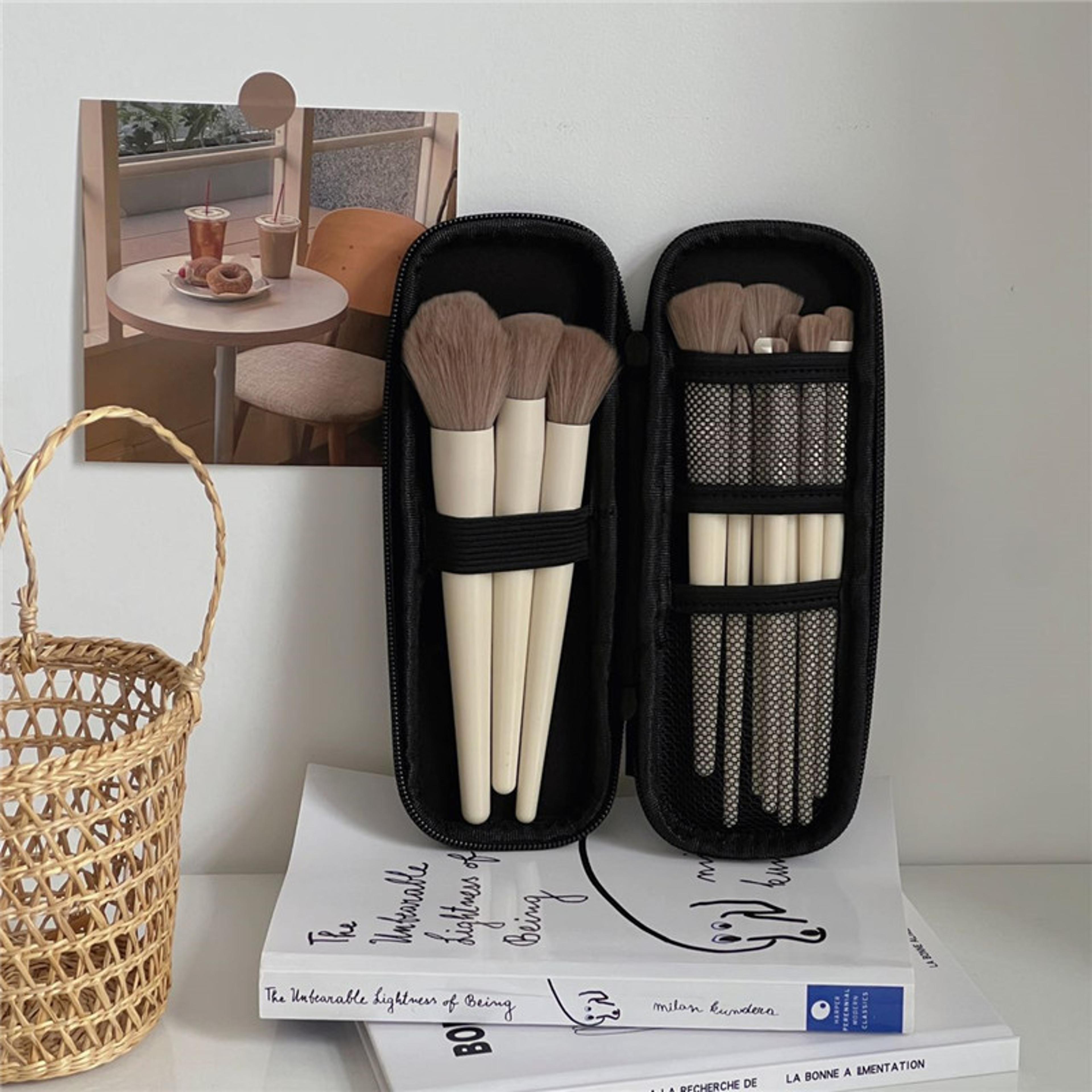 portable travel brush holder makeup case, black cosmetic bag waterproof double zipper women storage bags for makeup