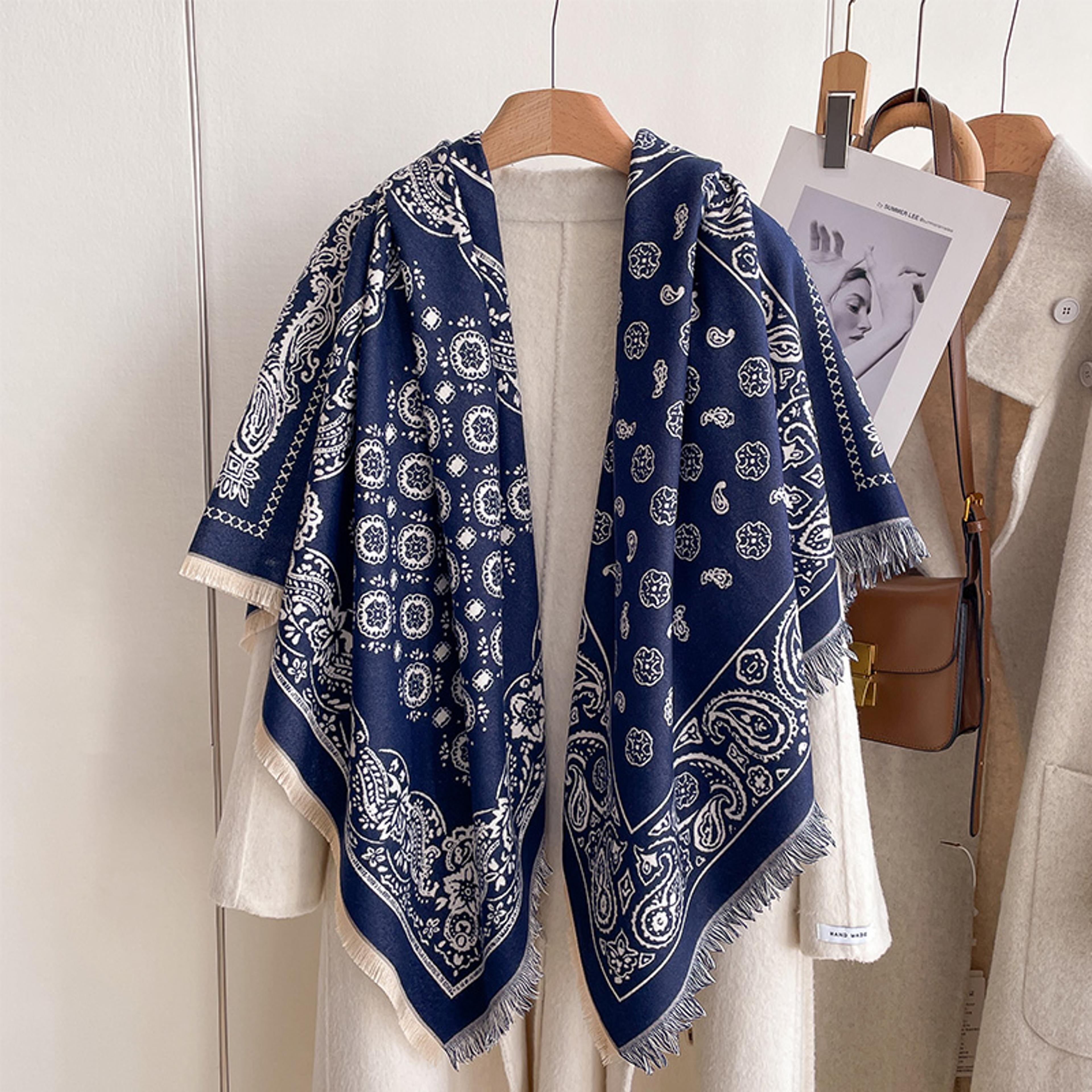 fashion cashmere pashmina scarf for women, soft thick blanket wrap, floral winter shawl, cozy warm bufanda & stylish