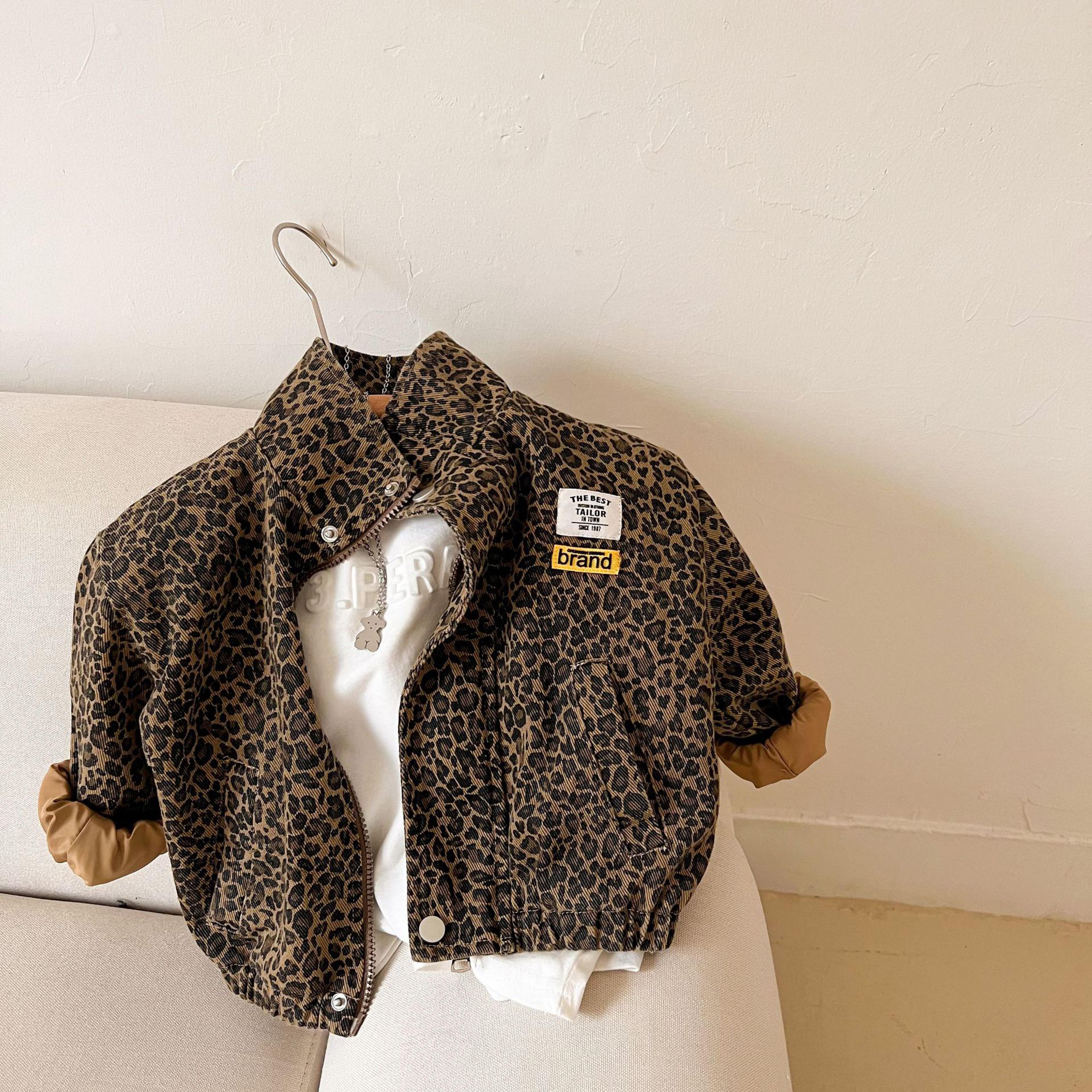 kids spring autumn casual jacket, boys long-sleeved korean leopard print outerwear, girls short denim coat