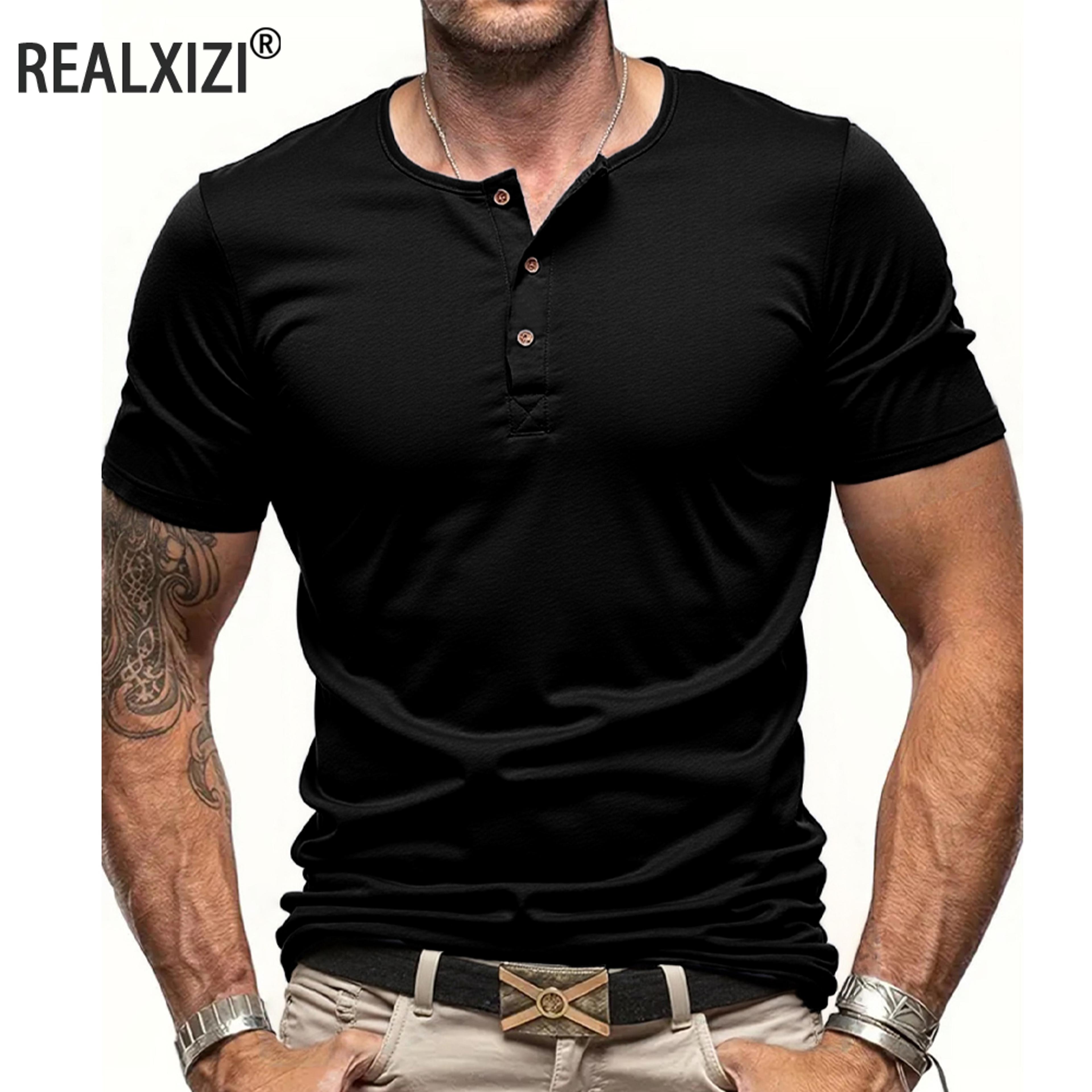 solid color mens short sleeve henley neck t-shirt, slim fit male tops, button neck casual cozy tshirt streetwear