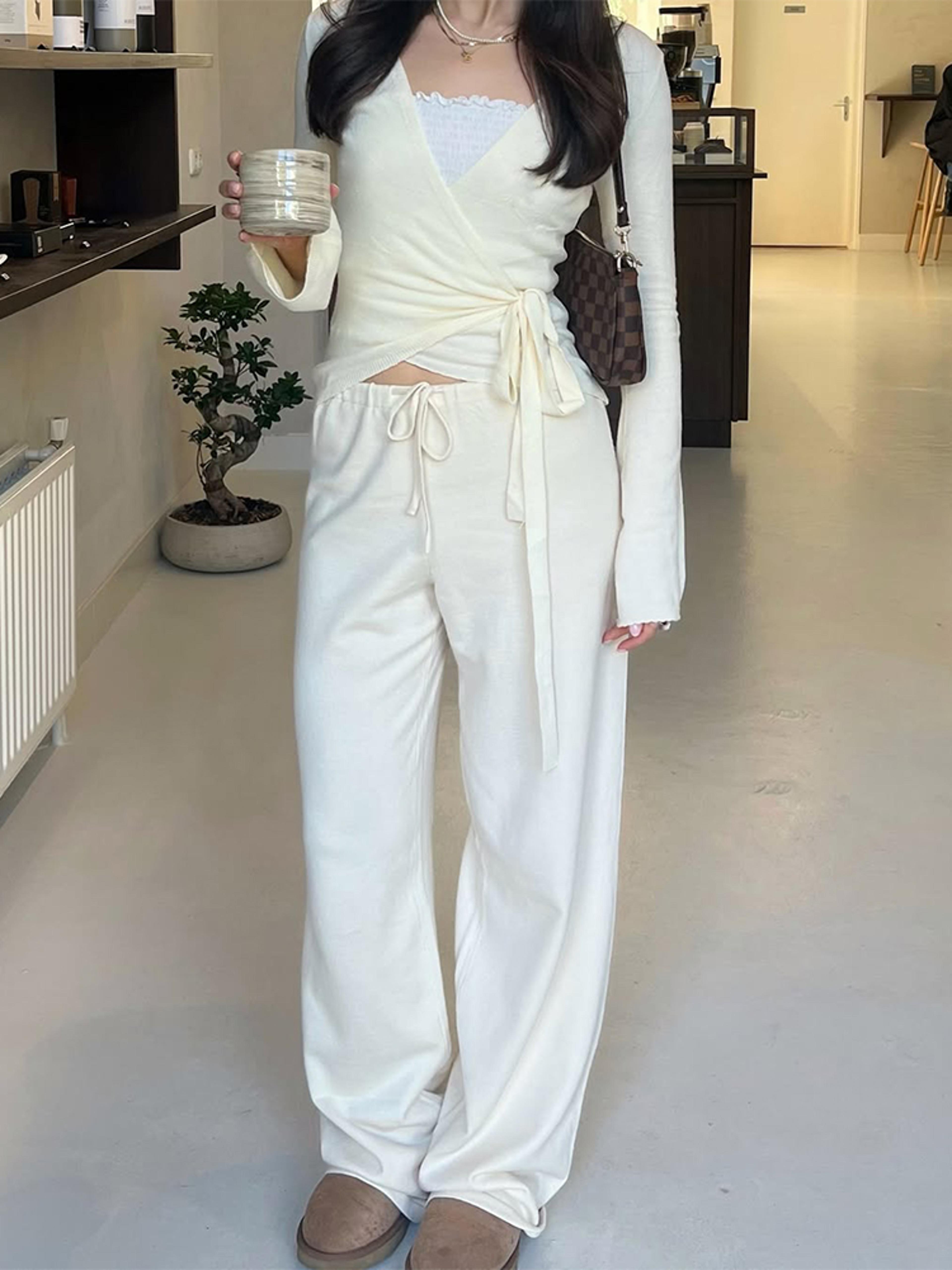 absobe autumn winter set for women, loose pants leisure suit with flare sleeve crop cardigan, lace-up solid fashion