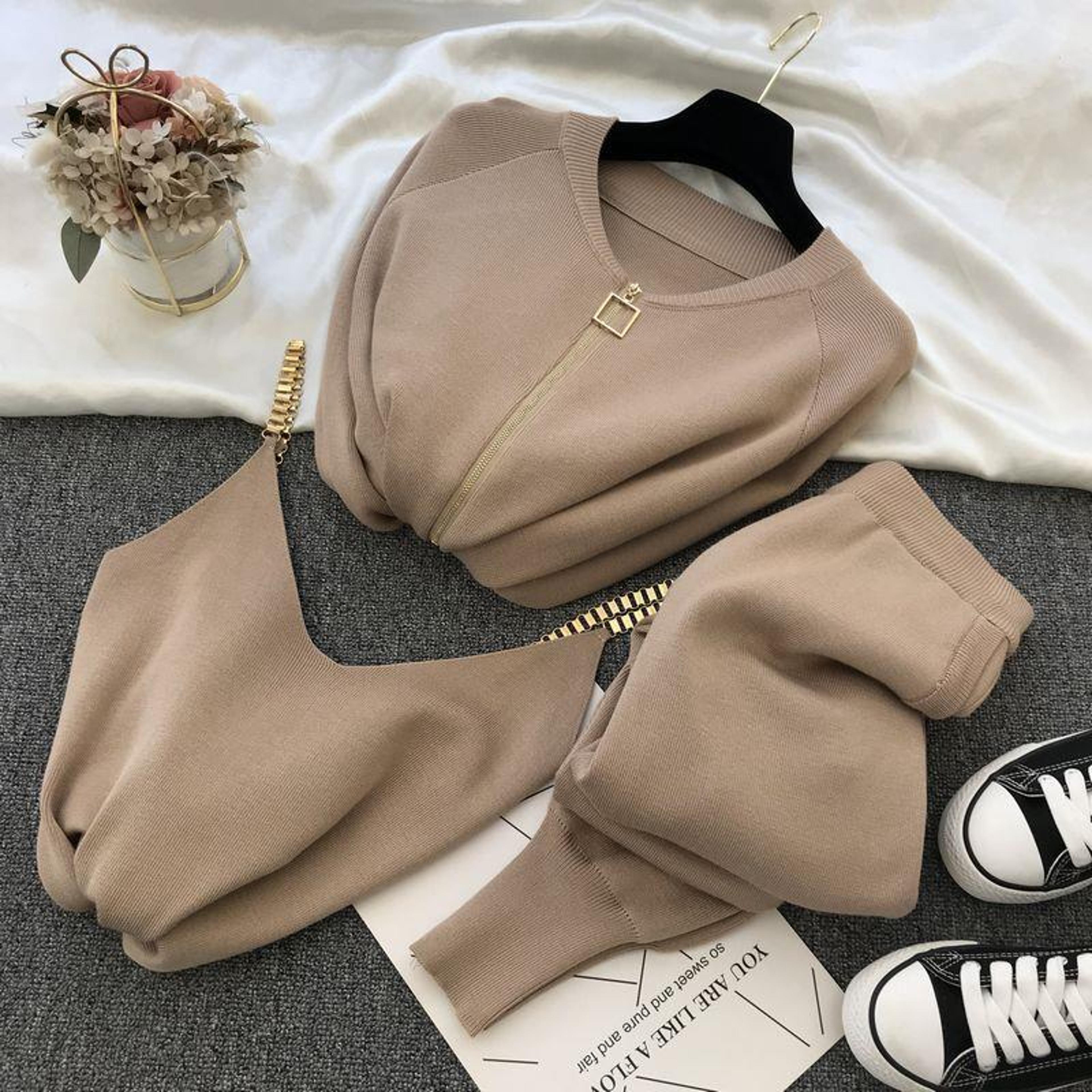 women zipper knitted cardigans sweaters, pants sets, vest, stylish fashion jumpers trousers outfit for autumn winter