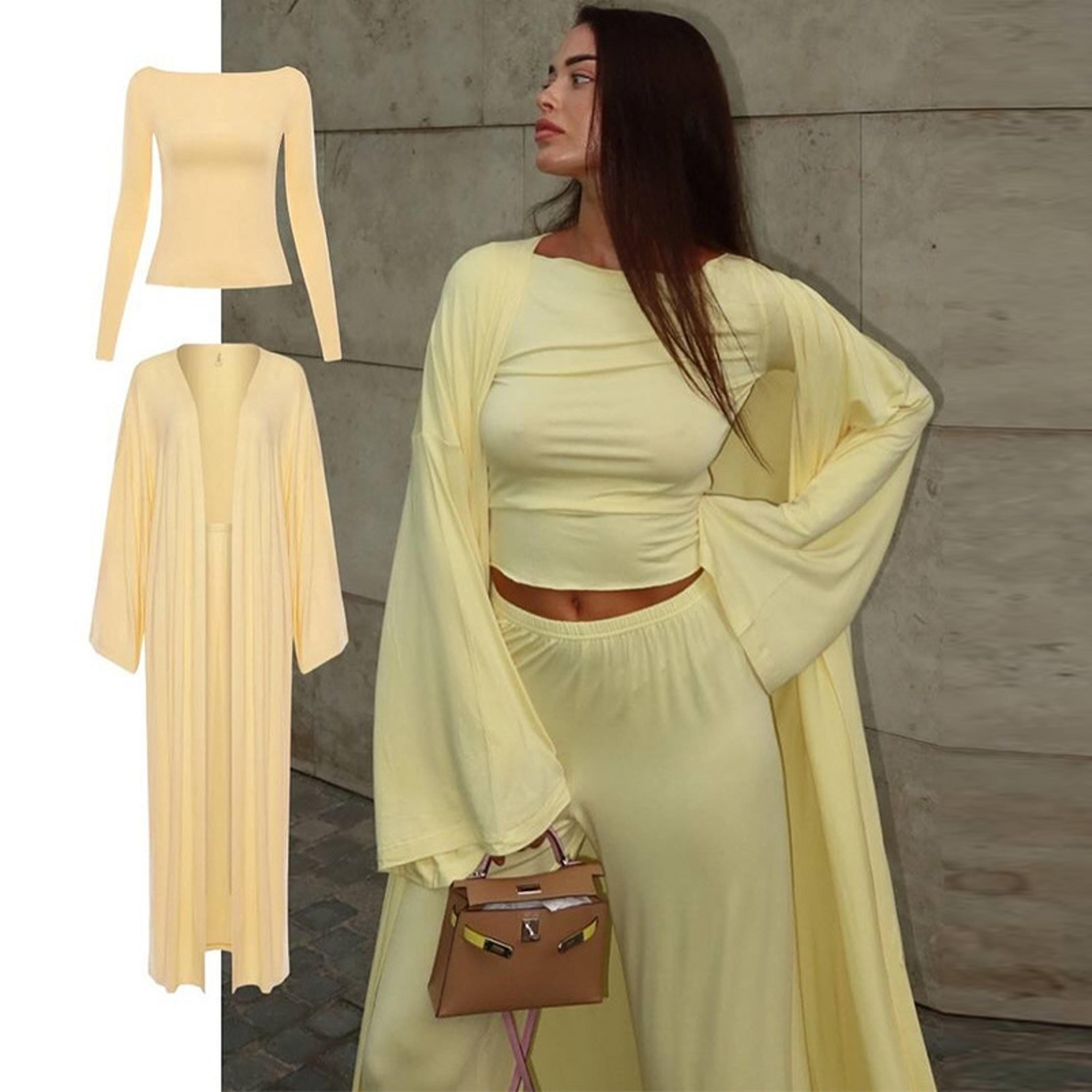 driftwear summer casual outfit, long cardigan, long sleeved top & high waisted pants, fashionable office wear baggy suit