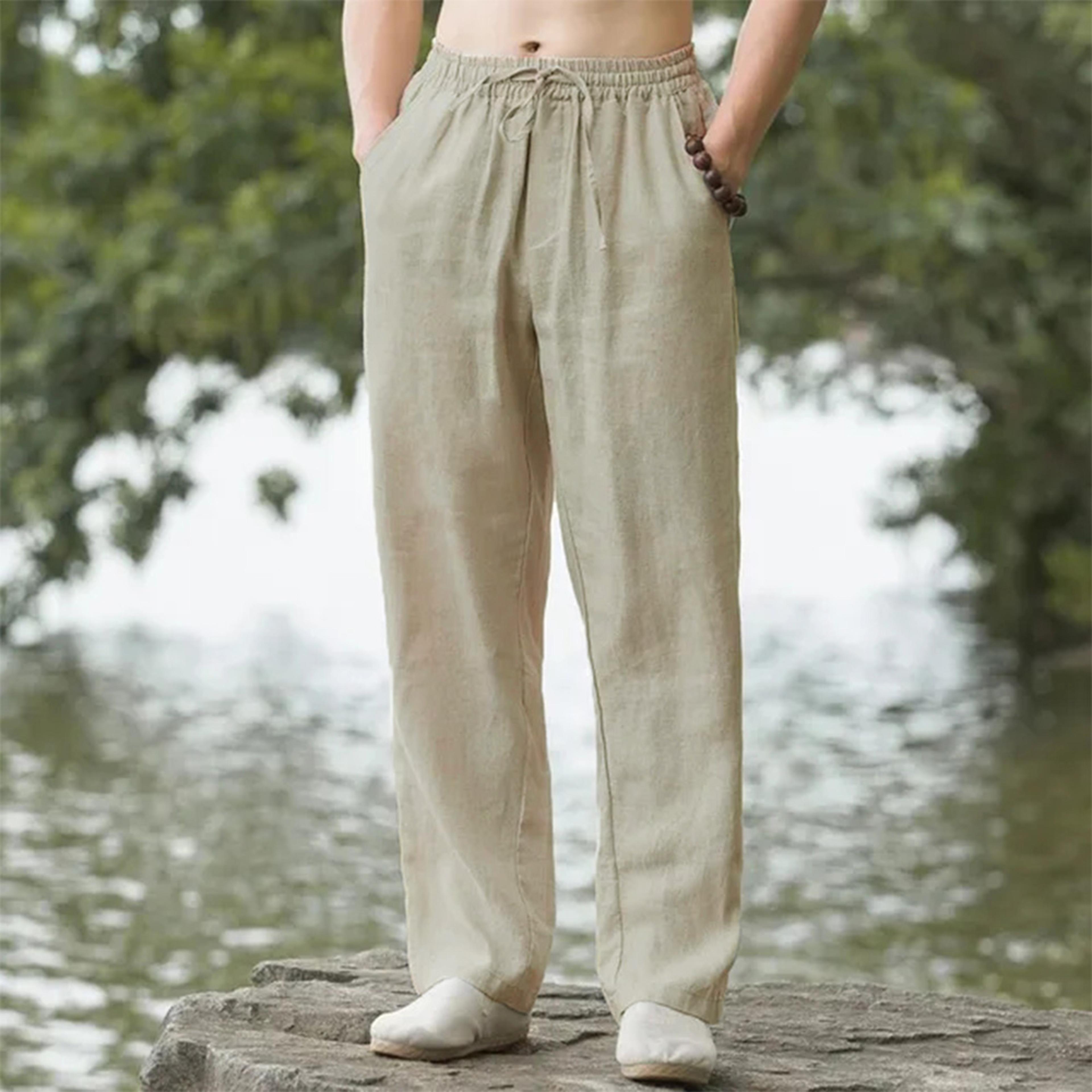 cotton linen mens beach pants joggers streetwear casual sweatpants loose fit summer long hawaiian vacation trousers