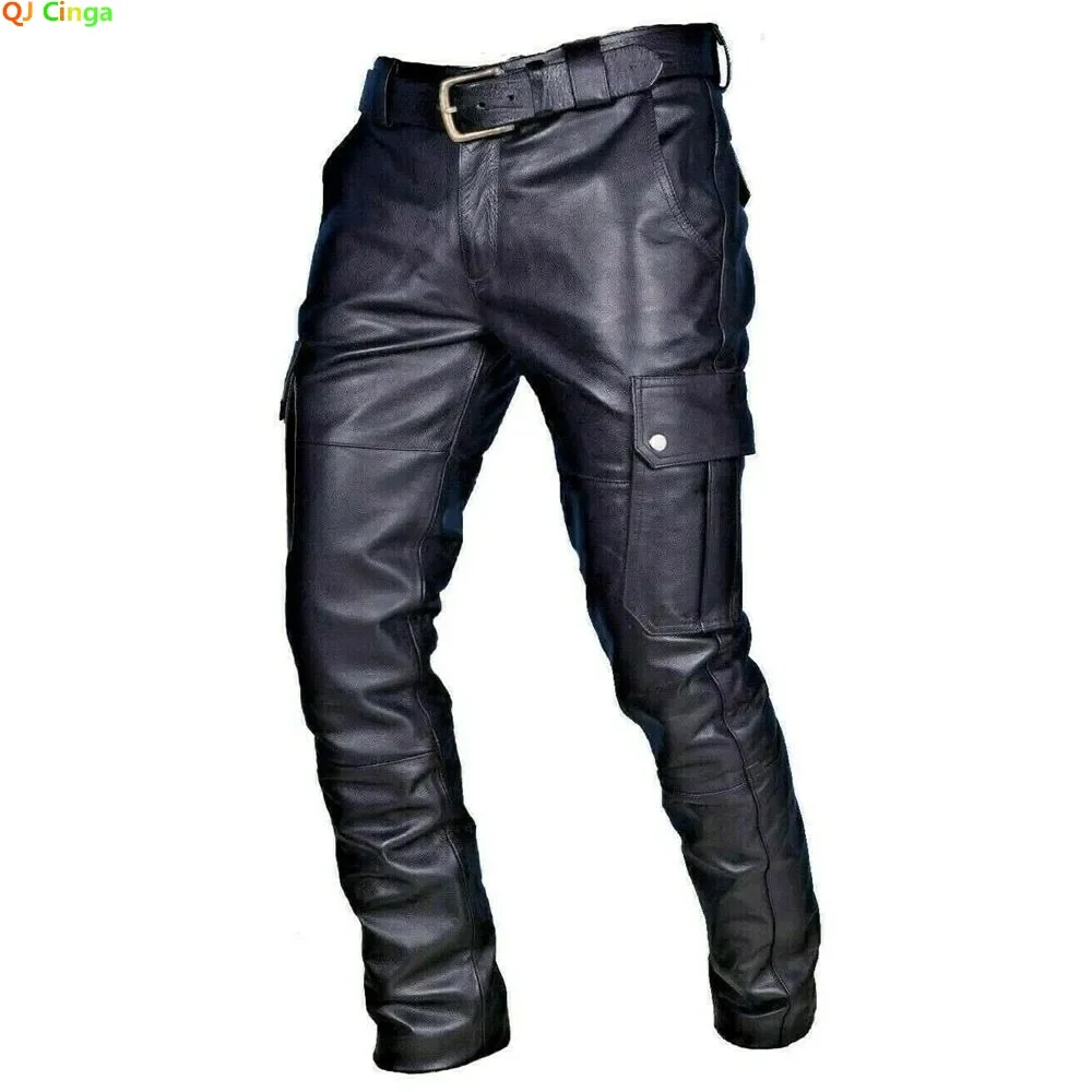 black pu mens leather motorcycle pants with cargo pockets, stylish no belt men trousers for riders, street fashion bike
