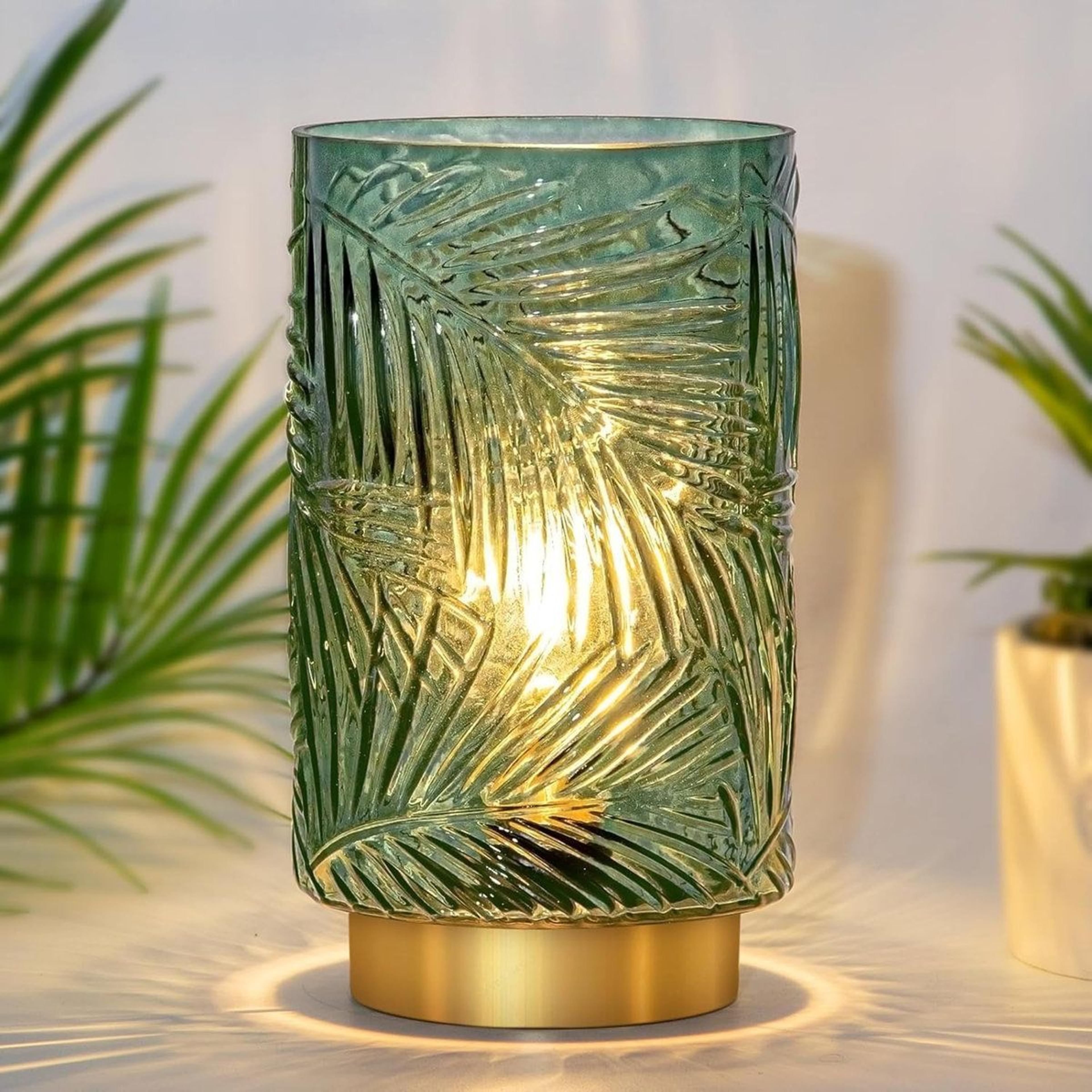 leafglow green glass battery operated table lamp with timer