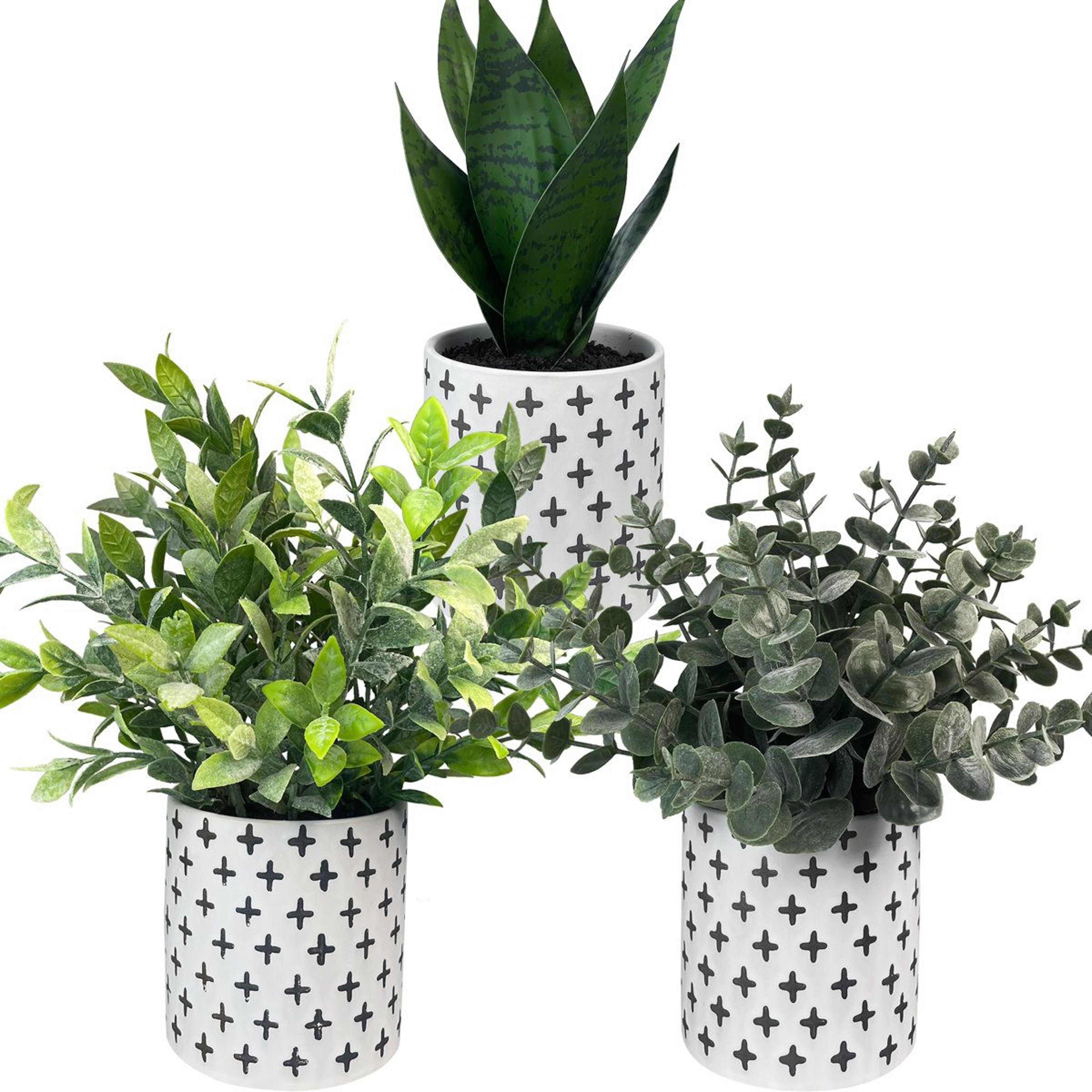 set of 3 faux eucalyptus plants in ceramic pots for effortless greenery