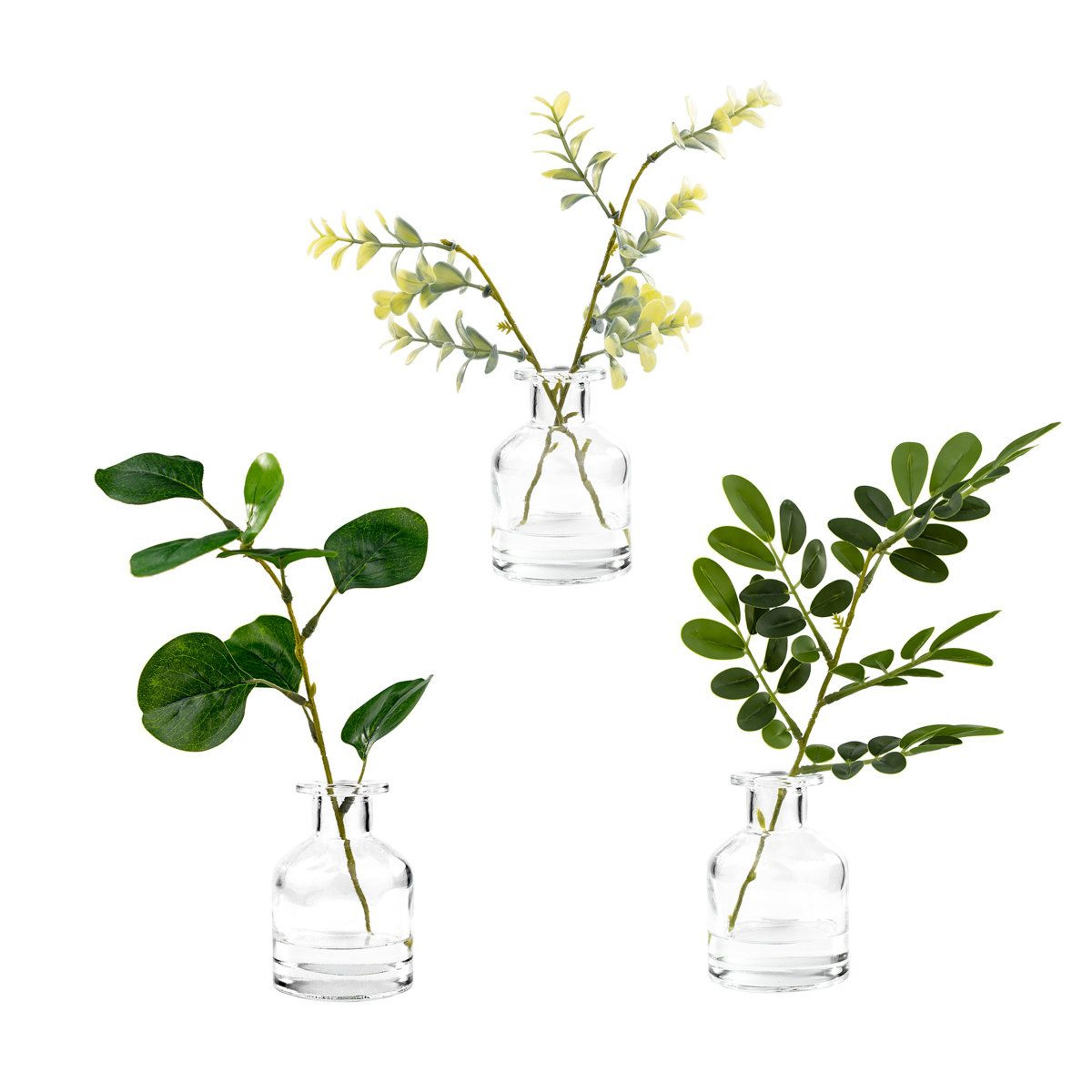 set of 3 artificial eucalyptus plants in glass pots for tabletop decor