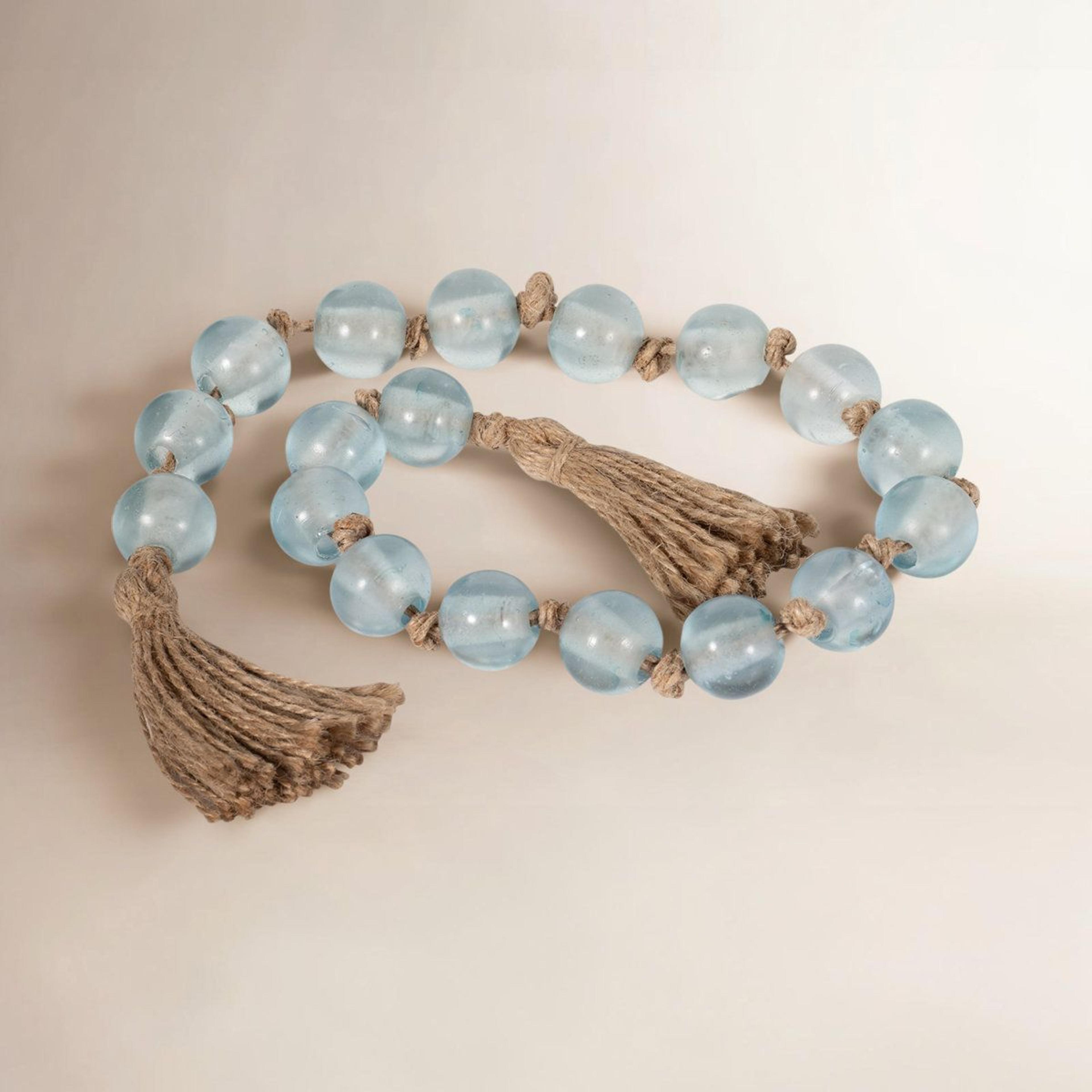blue glass bead garland with jute tassels 34 inch boho decor
