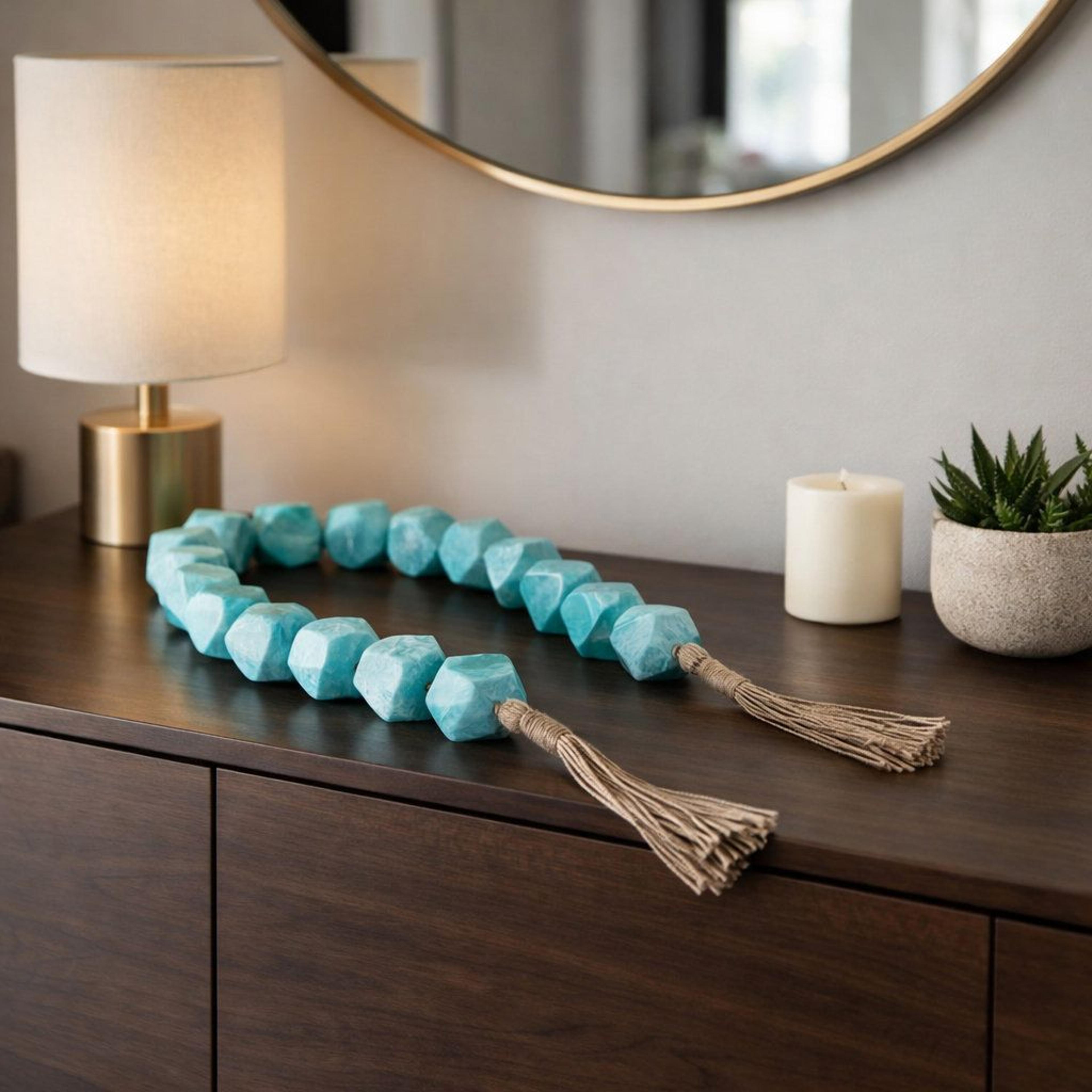 45 inch blue resin bead garland with jute tassels for coastal home decor