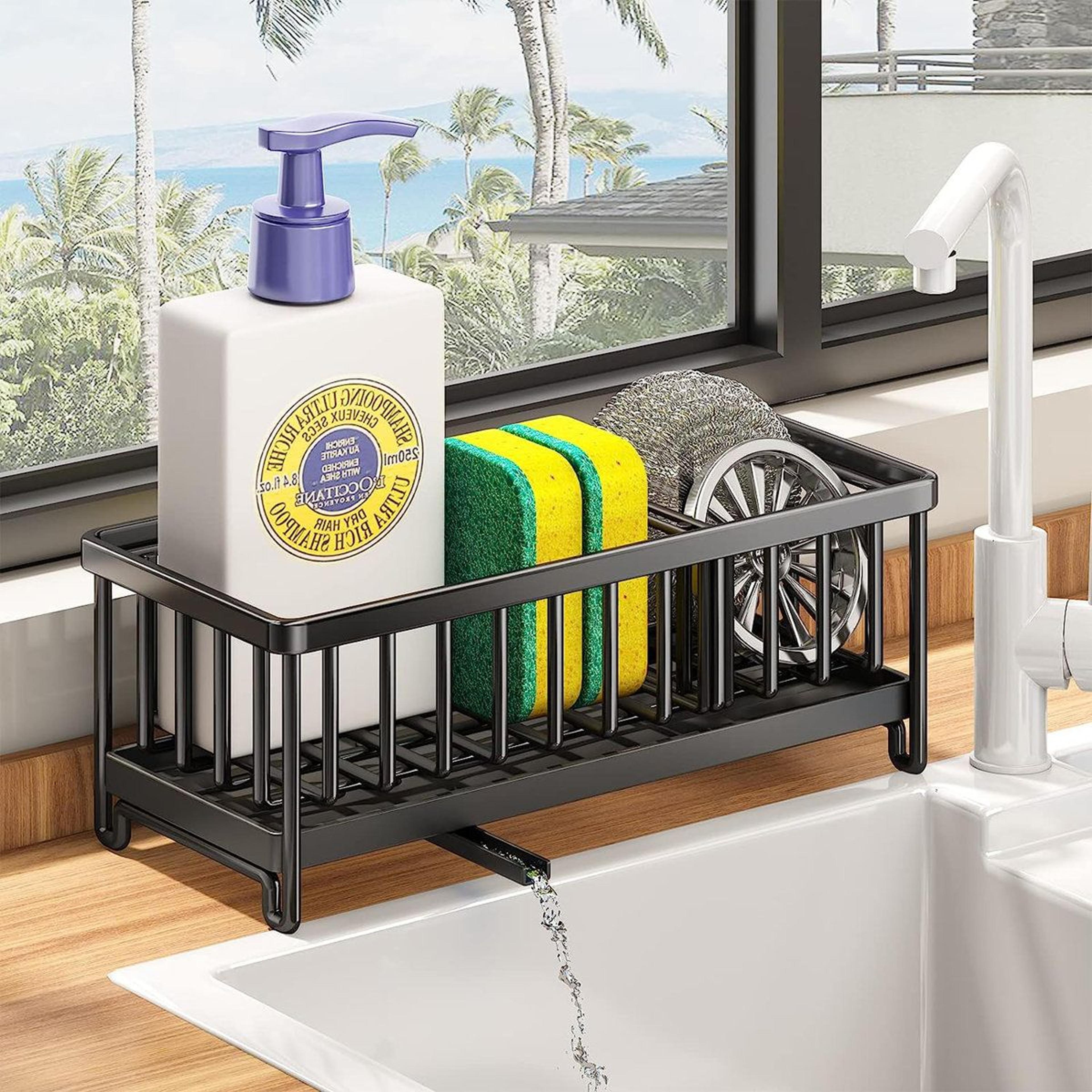 auto drain kitchen sink caddy and stainless steel sponge holder with adjustable divider